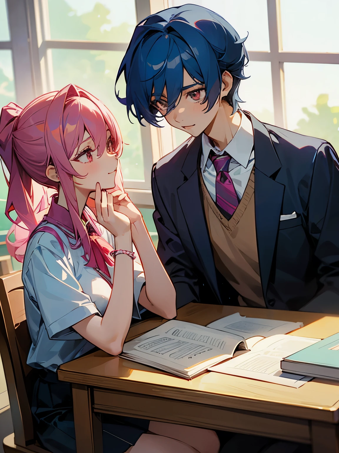 cartoon of a boy and a girl sitting at a table with a book, ddlc, in the art style of 8 0 s anime, 9 0 s anime style, 90s anime style, in anime style, in an anime style, anime aesthetic, anime vibes, 9 0 s anime aesthetic, 9 0 s anime art style, lofi boy and girl, typical anime classroom, beautiful background window, a cute boy and a cute girl, beautiful faces, a boy and a girl, don't extra hands, NO extra hands, generate a boy and a girl with NO extra hands, NO extra arm, the boy has a short hairstyle and the girl has a long hairstyle, pretty faces, cute pretty boy and cute pretty girl with amazing smile, based on ouran high school host club, host club