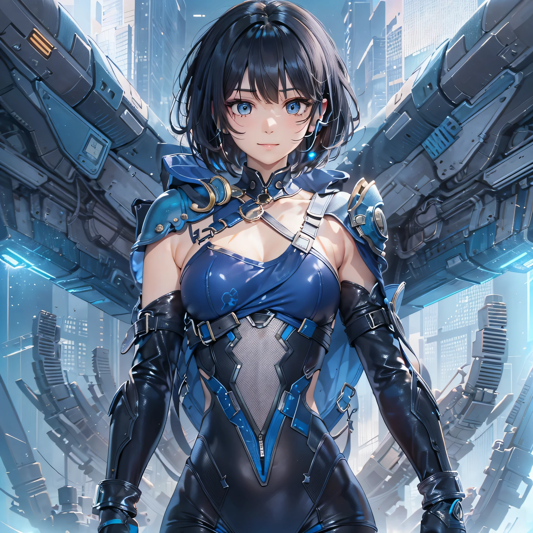 (masterpiece、highest quality、Highest Resolution、Clear_image、Detailed details、Angle from above): (Whole body、One 20 year old girl、Japanese Faces、Small Face、Slender、Navy blue super short bob cut hair、(Hidden small breasts:1.3)、Sparkling blue eyes、Shiny pilot suit in blue and black colors、Chest protection armor、Tight fitting clothes、Clothing that covers the whole body、Glamorous clothes、Tight Fit Pants、Hide your skin、Very delicate and beautiful、Detailed Skin、hide thighs、Hide your ass、Cute、A gentle smile、Soft expression、heroine、headset、Knee-high boots、Elbow-length gloves、Eye Level Shot、Face directly、Woman on a spaceship)