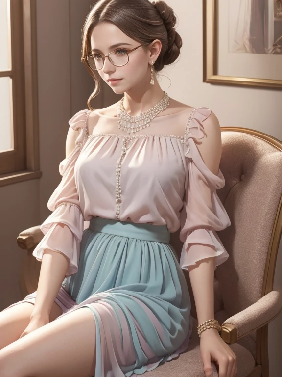 (Realistic、High resolution:1.3),alone, One Girl, masterpiece, highest quality, Very detailed, Cinema Lighting, Intricate details, High resolution, Official Art, Beautifully detailed face and eyes, High resolutionのイラスト, 8k, (Short bun hairstyle), Ash Brown Hair:1.3, Very thin body,Monogram pattern, ((Chiffon long skirt、Chiffon blouse:1.3)) 、necklace,anklet,Single Blade, blue eyes, Glasses, Crossing your legs, Sit on a chair, patterned high heels, Big Breasts, Book_stack, library, ((vine)), Looking at the audience,whole body,Elegant high heels,