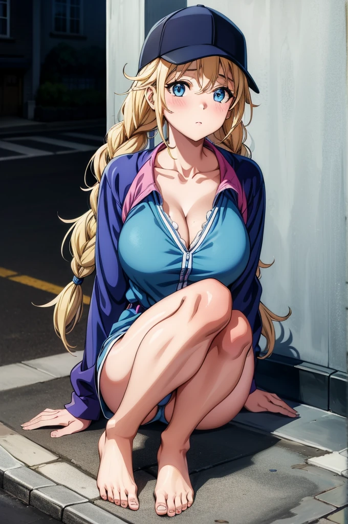 a pretty anime female in blue outfit on knees near corner of street, 1girl, breasts, solo, blue eyes, large breasts, blonde hair, twin braids, cleavage, braid, barefoot, long hair, blush, jacket, looking at viewer, long sleeves, thighs, collarbone,baseball cap