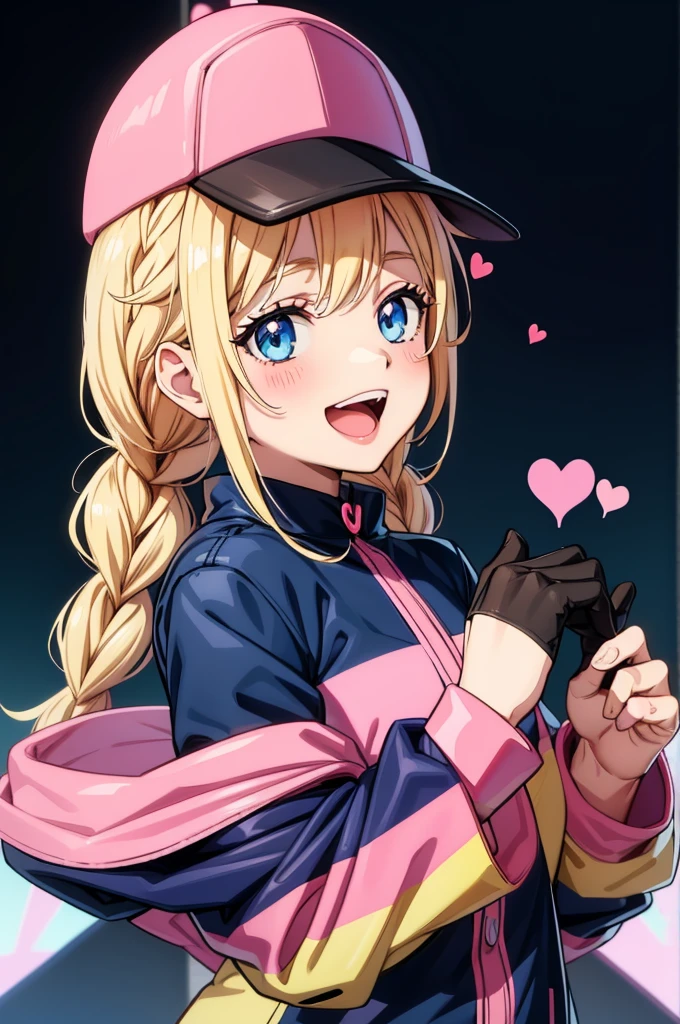 a cartoon character with black hair and a pink jacket holding up a heart, 1girl, heart hands, blue eyes, solo, hat, gloves, heart, braid, blonde hair, twin braids, smile, black gloves, long hair, open mouth, black headwear, jacket, looking at viewer, baseball cap, pink jacket, blush, upper body