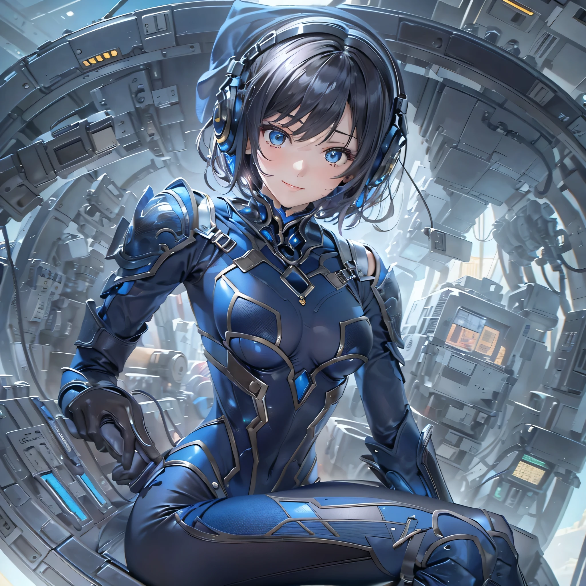 (masterpiece、highest quality、Highest Resolution、Clear_image、Detailed details、Angle from above): (Whole body、One 20 year old girl、Japanese Faces、Small Face、Slender、Navy blue super short bob cut hair、(Hidden small breasts:1.3)、Sparkling blue eyes、Shiny pilot suit in blue and black colors、Chest protection armor、Tight fitting clothes、Clothing that covers the whole body、Glamorous clothes、Tight Fit Pants、Hide your skin、Very delicate and beautiful、Detailed Skin、hide thighs、Hide your ass、Cute、A gentle smile、Soft expression、heroine、headset、Knee-high boots、Elbow-length gloves、Eye Level Shot、Face directly、Woman on a spaceship)