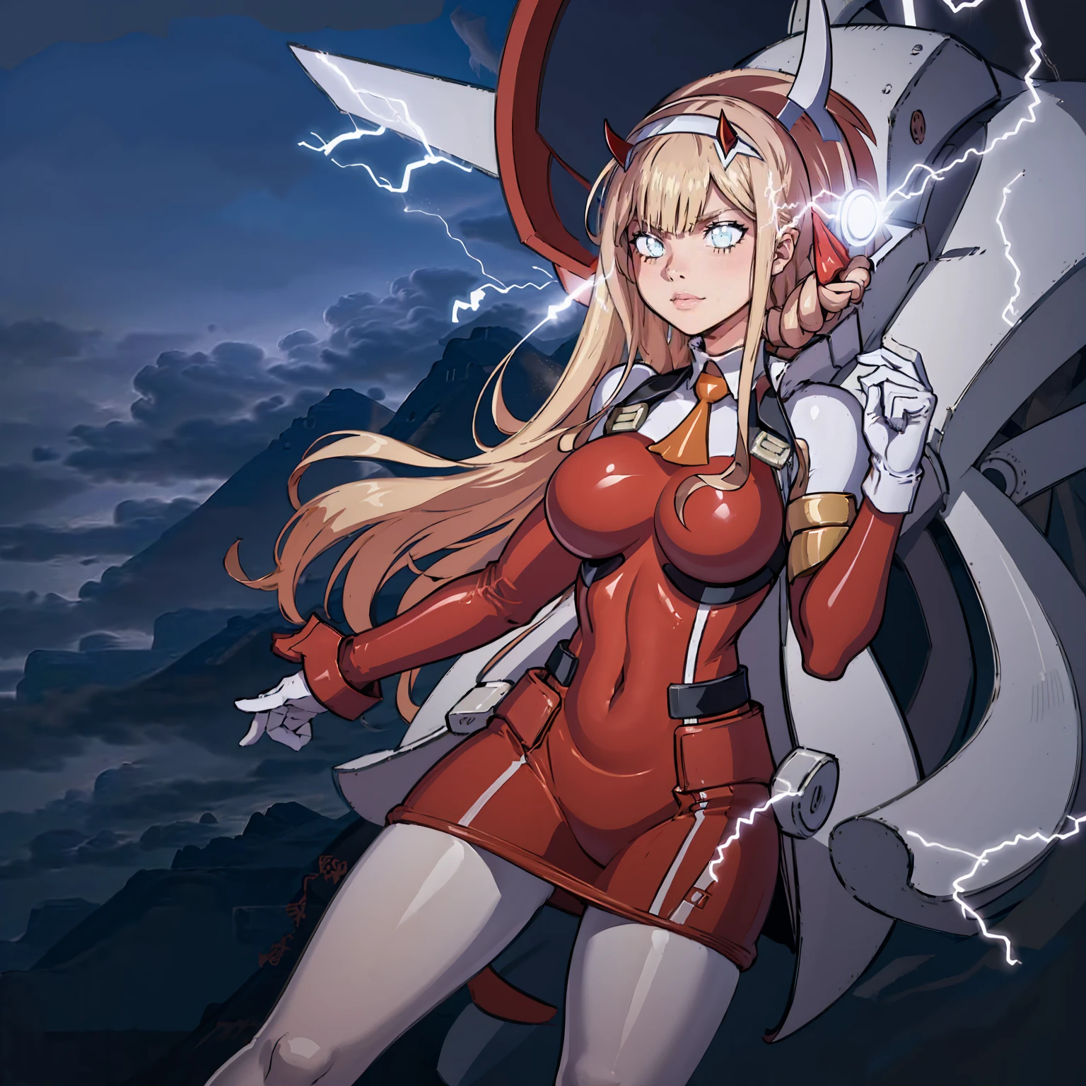 masterpiece, best quality, IncrsLowTier, electricity, glowing eyes zerotwo horns, hairband, necktie, red dress, pantyhose horns, hairband, red bodysuit, armlet, mecha horns, hairband, white bodysuit, white gloves, mecha peaked cap, red dress, white gloves, jacket on shoulders, pantyhose, cyber_armor body_suit,huge_breast, tall female, fulll body, sun light, smile,, sun aura,, boots, standing, smile, lips, red lips,{best quality}, {amazing quality} {best quality},{amazing quality},, {absurdres},{{highres}}, {very aesthetic}, {detailed}