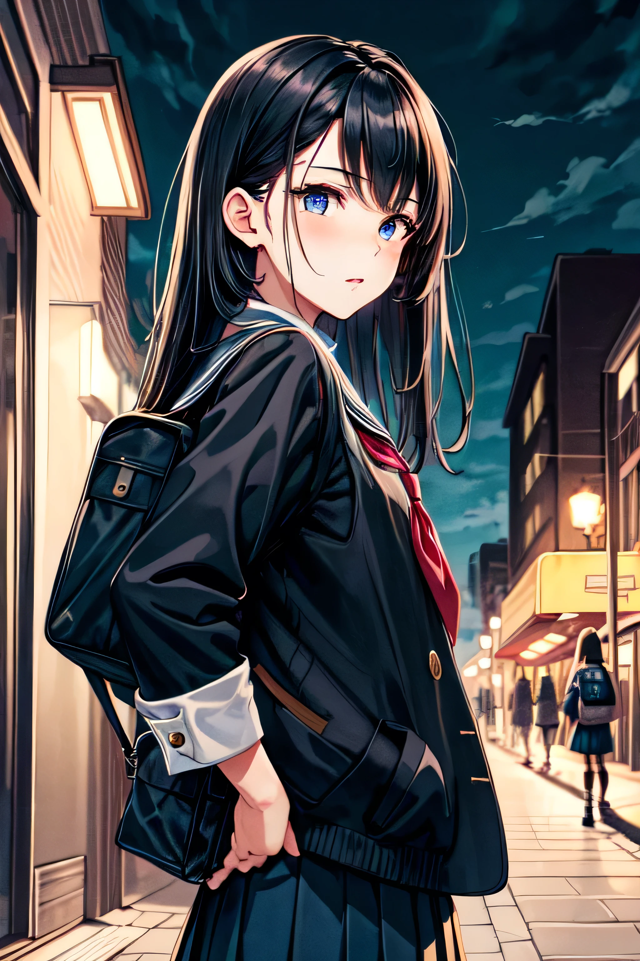 8K, masterpiece, highest quality, Illustration image, One Girl, 全てBlack Hair, semi-long, City night downtown in the background, Being on the ground, spring, high school student, uniform, Warm colors, Black schoolback, school bag, Accurate and highly detailed backgrounds, cute, Detailed face, Fine grain, Beautiful Eyes, Face forward and then glance sideways at the viewer diagonally below, Put your hands in your pockets, Black Hair,