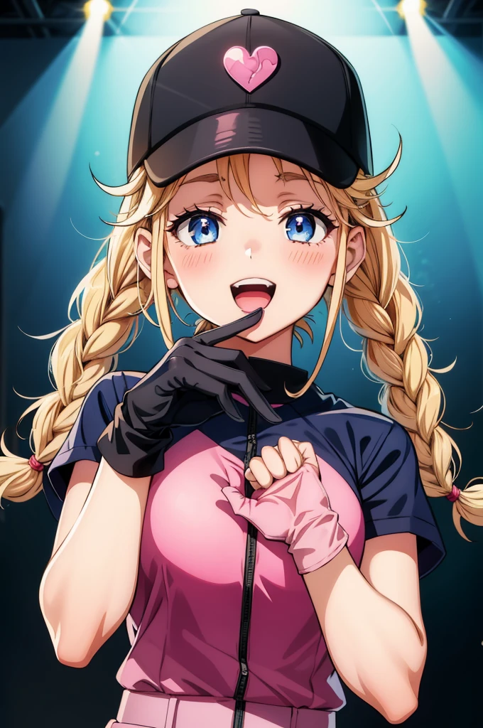 a woman wearing pink baseball uniform holding up heart shape with glove holding, 1girl, heart hands, blonde hair, heart, solo, hat, braid, blue eyes, gloves, long hair, smile, black gloves, baseball cap, open mouth, looking at viewer, blush, black headwear, twin braids