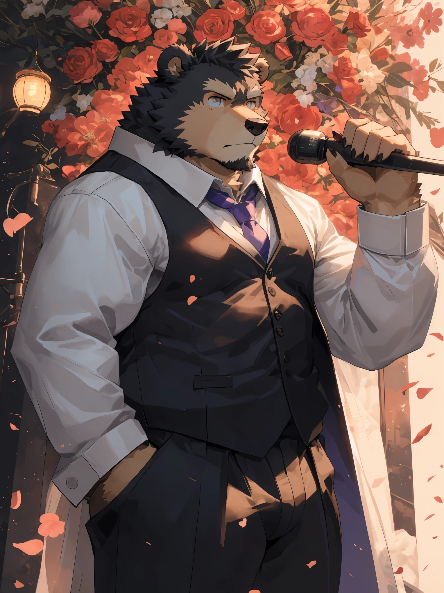 (Super detailed), Sharp focus, Eye, 棕色Eye, hairy, ),(Black and white fur), black beard, Black Hair,human nature (Brown Bear:1.3), male, Middle-aged and elderly, Brown body, White belly, Muscular ,(Crotch bulge),Super detailed的脸,(White Dress:1.4),(best quality), (masterpiece), High Detail, high quality,High resolution, , 16K,The background is the wedding hall,close up,(Bright room:1.3),(Naked:1.3),Holding flowers,(Brown Bear:1.3),(Brown fur:1.3),Angry Notes