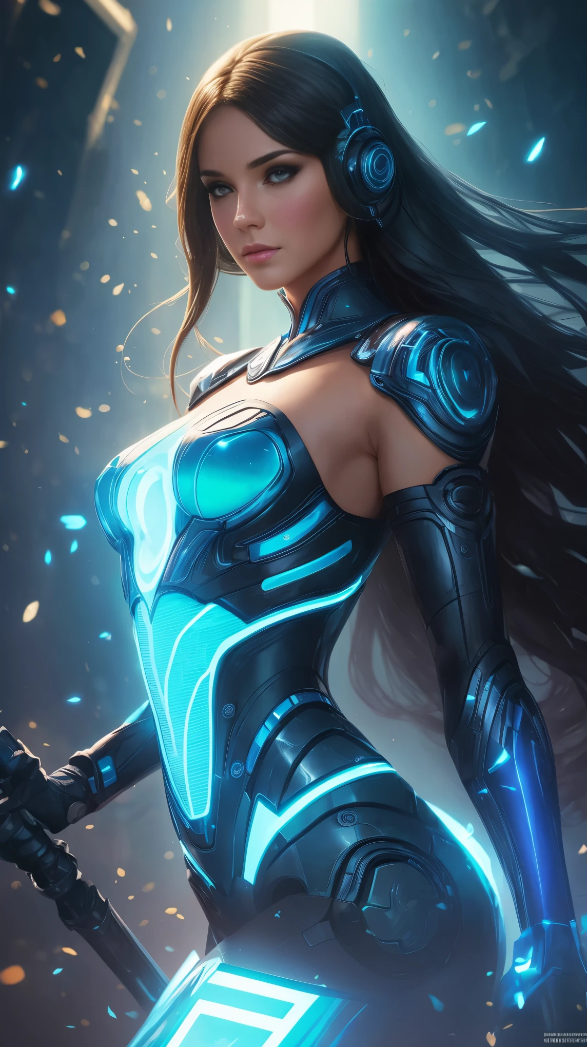 Magnificent artificial intelligence, Beautiful woman with robotic body, hiper-realista, cinematic angle, blue neon blurred background, circuitos aparentes, vibrante, detalhado, trends on Artstation. por Peter Mohrbacher, por Wlop, por Ruanjia, por Alphonse Mucha, por Dmitry Prozorov, por Norman Rockwell,