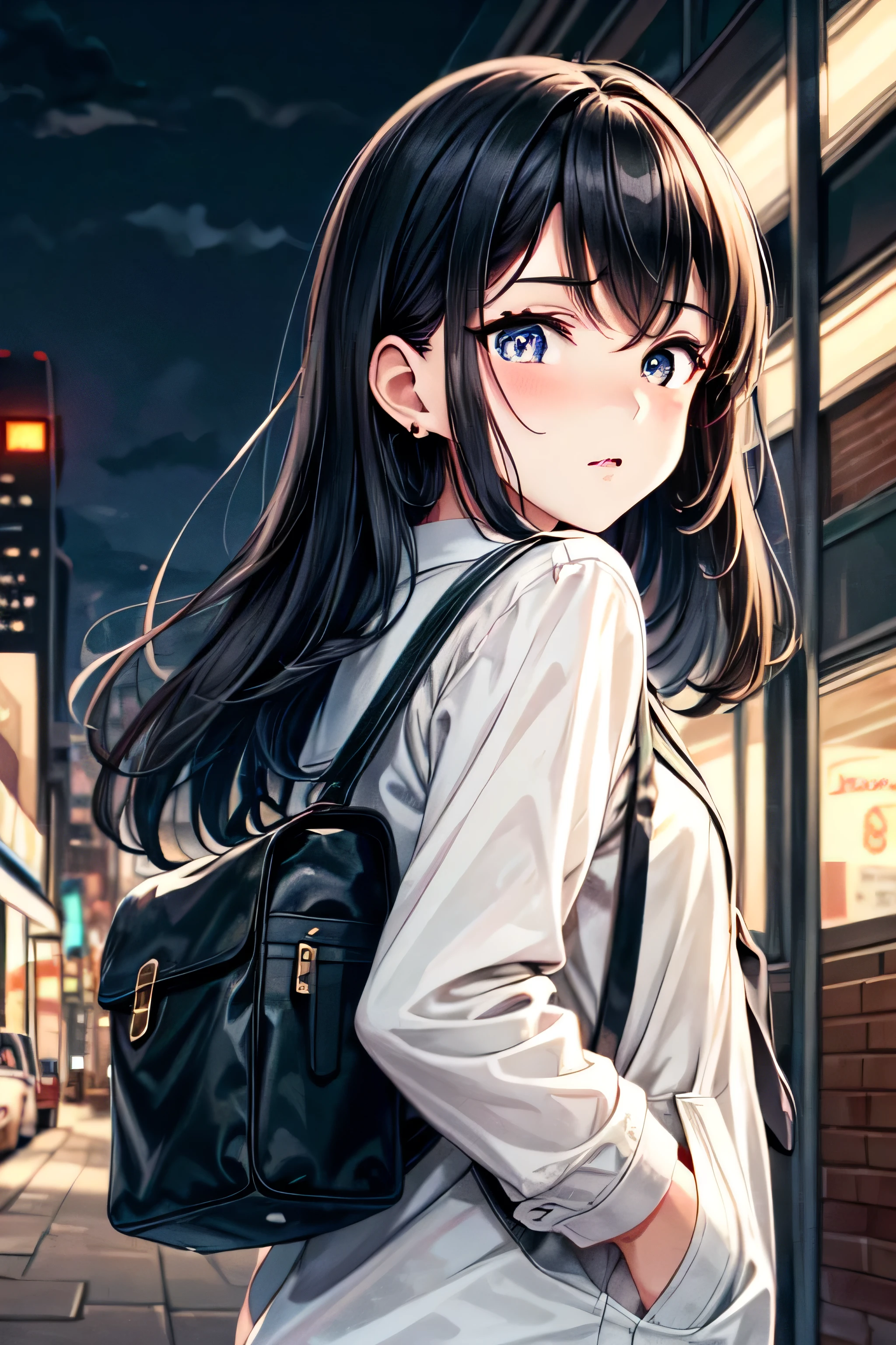 8K, masterpiece, highest quality, Illustration image, One Girl, 全てBlack Hair, semi-long, City night downtown in the background, Being on the ground, spring, high school student, uniform, Warm colors, Black schoolback, school bag, Accurate and highly detailed backgrounds, cute, Detailed face, Fine grain, Beautiful Eyes, Face forward and then glance sideways at the viewer diagonally below, Put your hands in your pockets, Black Hair,