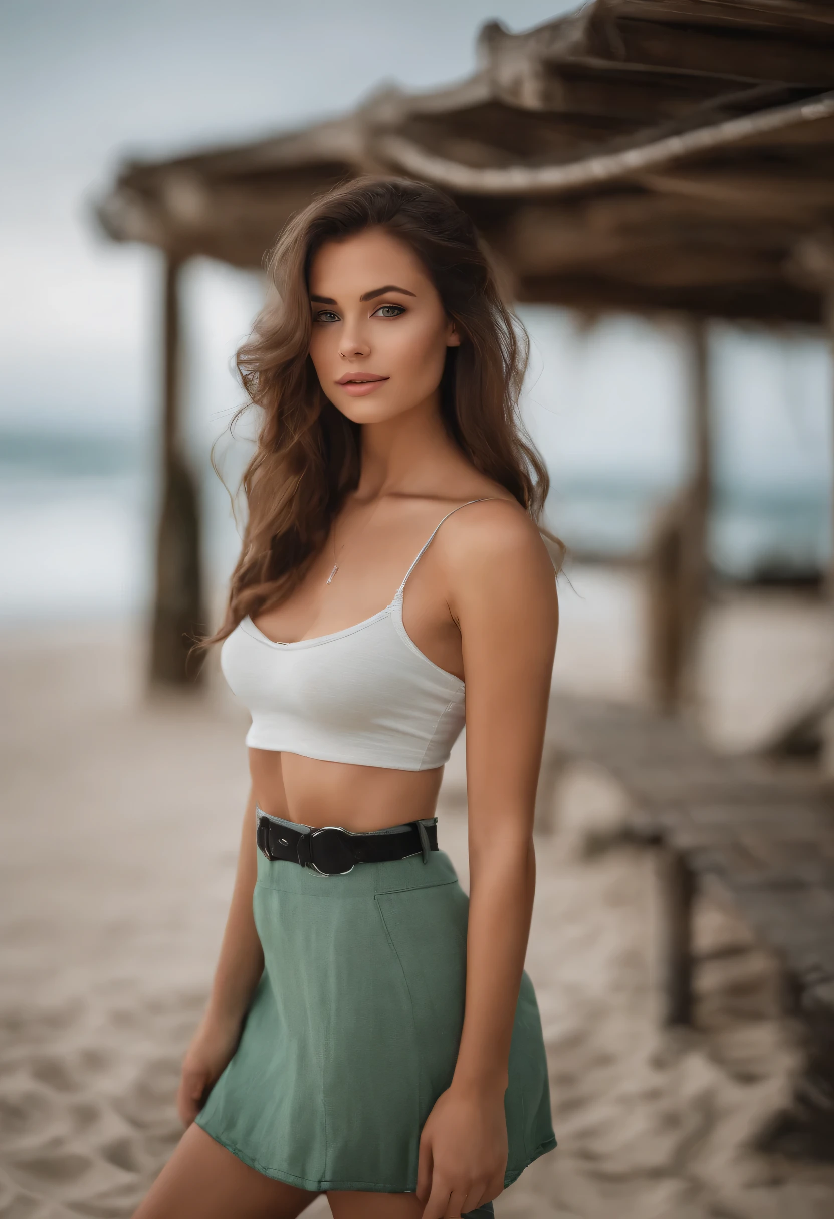 arafed woman with a white tank top and a necklace, lying at the beach, sexy girl with green eyes, portrait sophie mudd, brown hair and large eyes, selfie of a young woman, bedroom eyes, violet myers, without makeup, natural makeup, looking directly at the camera, face with artgram, subtle makeup, stunning full body shot, piercing green eyes, beautiful angle, attractive pose, cute girl, sexy pose, full body picture, full body, full body shoot, brunette goddess, high detail, satisfied pose, wearing grey skirt and boots, skirt, boots