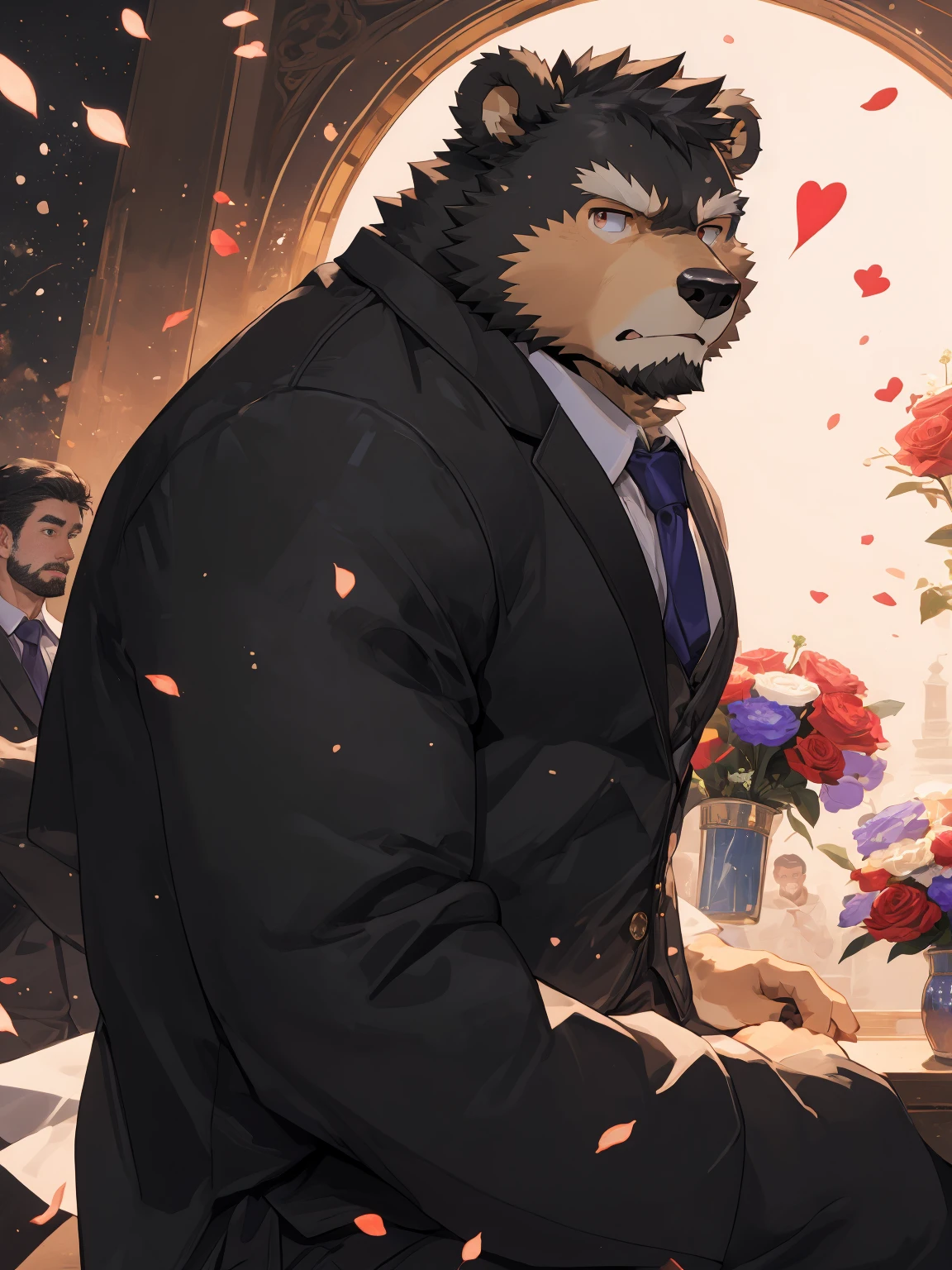 (Super detailed), Sharp focus, Eye, 棕色Eye, hairy, ),(Black and white fur), black beard, Black Hair,human nature (Brown Bear:1.3), male, Middle-aged and elderly, Brown body, White belly, Muscular ,(Crotch bulge),Super detailed的脸,(White Dress:1.4),(best quality), (masterpiece), High Detail, high quality,High resolution, , 16K,The background is the wedding hall,close up,(Bright room:1.3),(Naked:1.3),Holding flowers,(Brown Bear:1.3),(Brown fur:1.3),Angry Notes,Marriage robbery