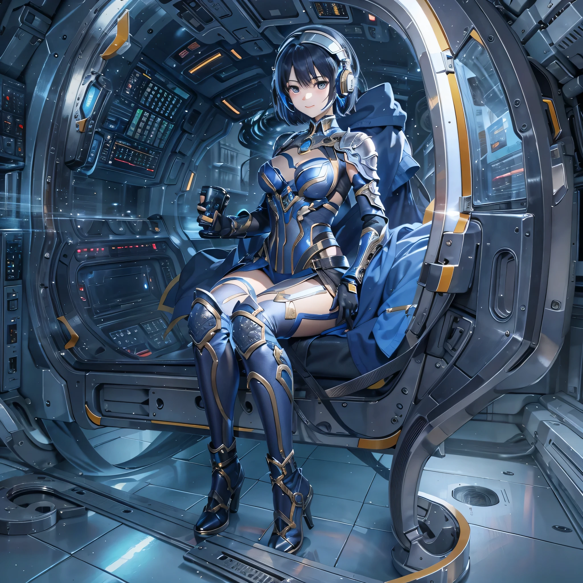 (masterpiece、highest quality、Highest Resolution、Clear_image、Detailed details、Angle from above): (Whole body、One 20 year old girl、Japanese Faces、Small Face、Slender、Navy blue super short bob cut hair、(Hidden small breasts:1.3)、Sparkling blue eyes、Shiny pilot suit in blue and black colors、Chest protection armor、Tight fitting clothes、Clothing that covers the whole body、Glamorous clothes、Tight Fit Pants、Hide your skin、Very delicate and beautiful、Detailed Skin、hide thighs、Hide your ass、Cute、A gentle smile、Soft expression、heroine、headset、Knee-high boots、Elbow-length gloves、Eye Level Shot、Face directly、Woman on a spaceship)