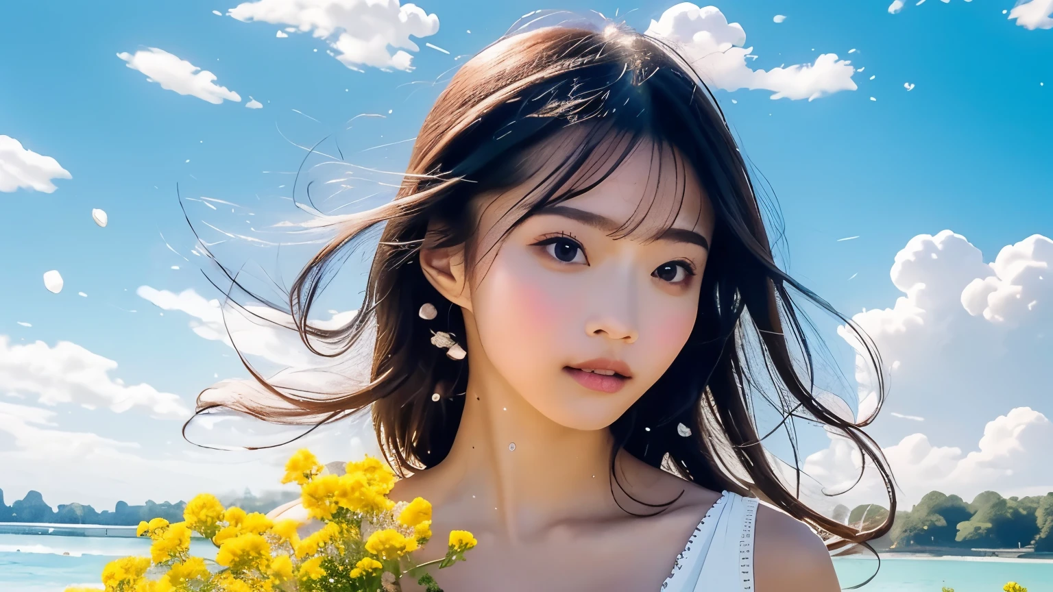 Highly detailed illustration,masterpiece, highest quality,{finelyて美しい目},1 girl,finely,Written boundary depth, 4k wallpaper, blue sky, cumulus, Wind, Very fine frills,Very fine lace,blue sky,Very long hair,Mouth slightly open,High Ponytail,Silver Hair,Small breasts,Cumulonimbus,Narrow waist,A lot of sparkling petals are scattered.,Hidden in pale yellow flowers,Written boundary depth,She bowed her head in frustration.,A lot of water droplets are flying,Upper body exposed,Lots of scattered leaves,branch ,angle ,Deepening the contours,cinematic angle ,{{{Classical decorative border}}}