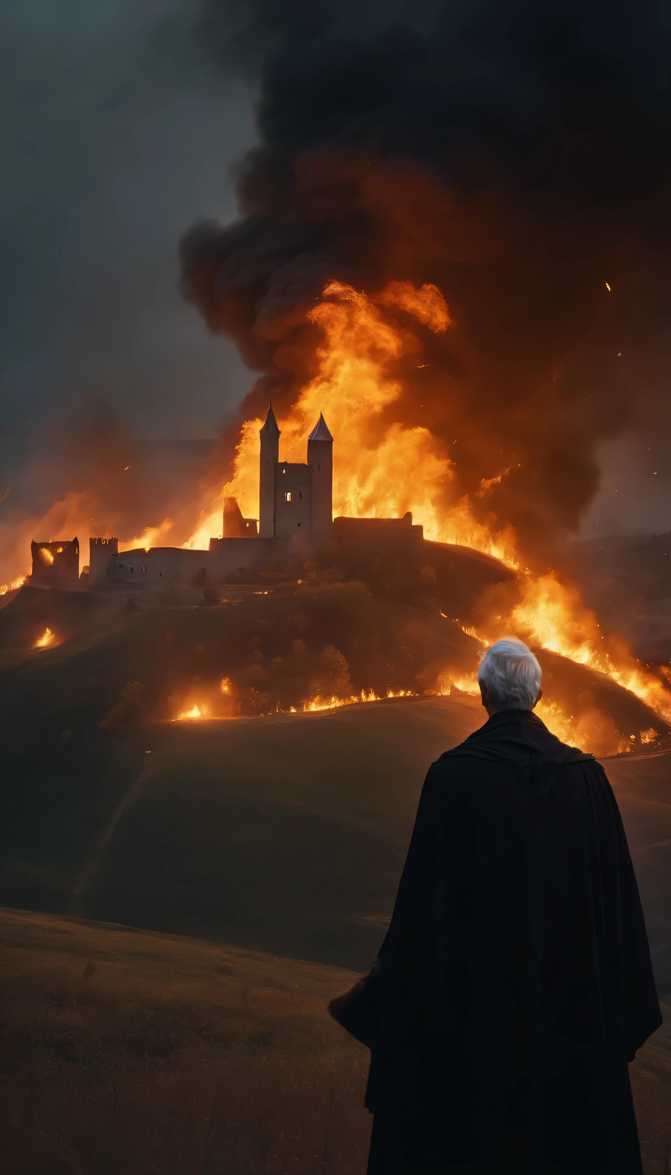 8k, close distance portrait, a male wizard with black clothes and grey short hair from behind, burning village with huge fire come from his hand, with a burning medieval village background the distance