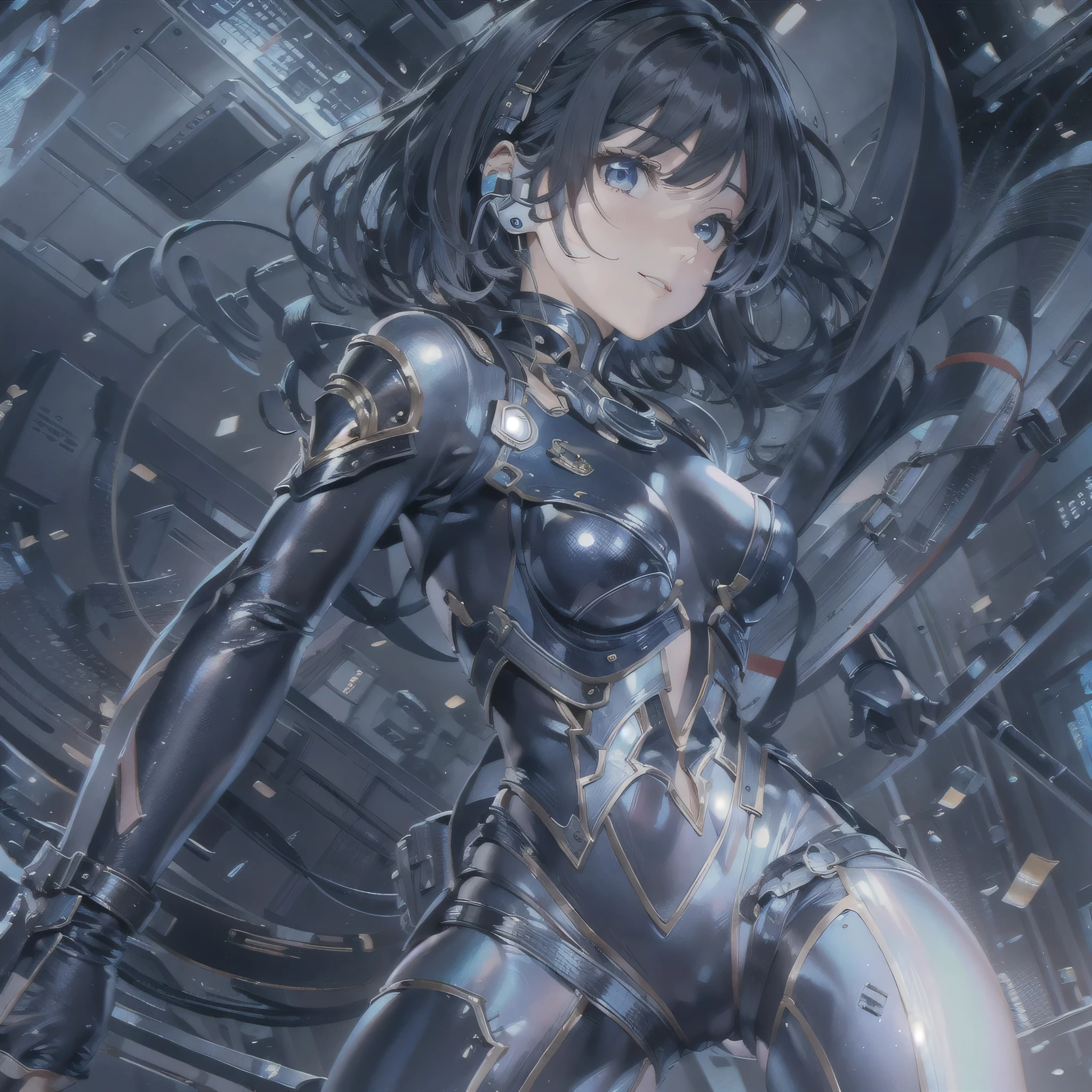 (masterpiece、highest quality、Highest Resolution、Clear_image、Detailed details、Angle from above): (Whole body、One 20 year old girl、Japanese Faces、Small Face、Slender、Navy blue super short bob cut hair、(Hidden small breasts:1.3)、Sparkling blue eyes、Shiny pilot suit in blue and black colors、Chest protection armor、Tight fitting clothes、Clothing that covers the whole body、Glamorous clothes、Tight Fit Pants、Hide your skin、Very delicate and beautiful、Detailed Skin、hide thighs、Hide your ass、Cute、A gentle smile、Soft expression、heroine、headset、Knee-high boots、Elbow-length gloves、Eye Level Shot、Face directly、Woman on a spaceship)