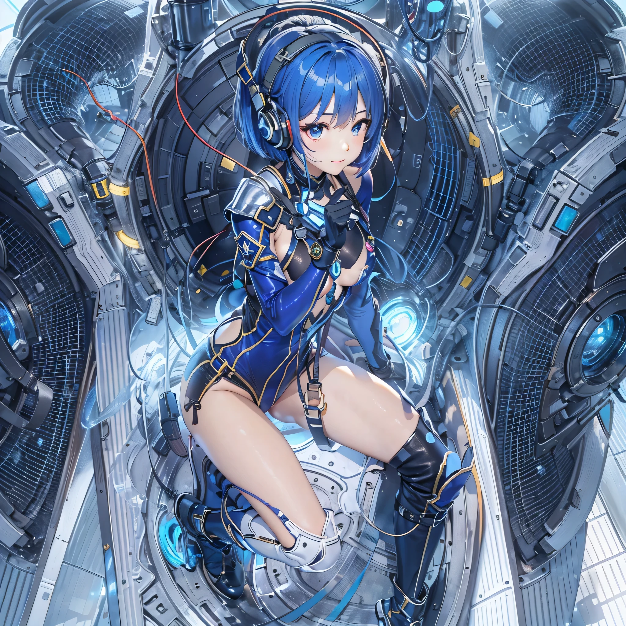 (masterpiece、highest quality、Highest Resolution、Clear_image、Detailed details、Angle from above): (Whole body、One 20 year old girl、Japanese Faces、Small Face、Slender、Navy blue super short bob cut hair、(Hidden small breasts:1.3)、Sparkling blue eyes、Shiny pilot suit in blue and black colors、Chest protection armor、Tight fitting clothes、Clothing that covers the whole body、Glamorous clothes、Tight Fit Pants、Hide your skin、Very delicate and beautiful、Detailed Skin、hide thighs、Hide your ass、Cute、A gentle smile、Soft expression、heroine、headset、Knee-high boots、Elbow-length gloves、Eye Level Shot、Face directly、Woman on a spaceship)