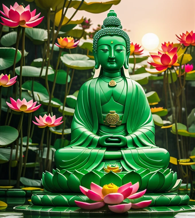 
 thousand hands thousand eyes quan yin statue made of jade, crystal clear jade statue, holding a lotus made of jewery, floating red lotus, chinese haven back ground, holly light