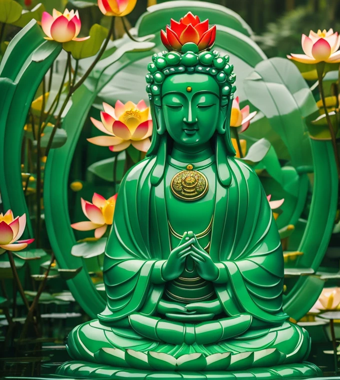 
 thousand hands thousand eyes quan yin statue made of jade, crystal clear jade statue, holding a lotus made of jewery, floating red lotus, chinese haven back ground, holly light