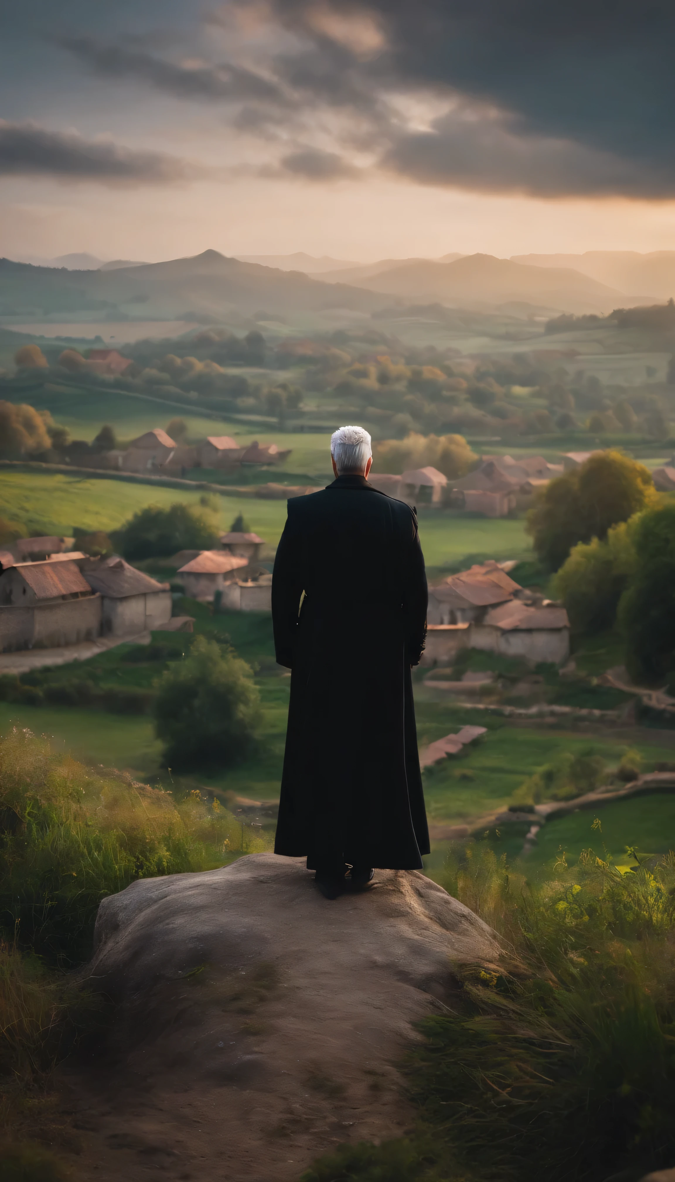 8k, close distance portrait, a male wizard with black clothes and grey short hair from behind, with a village background the distance.