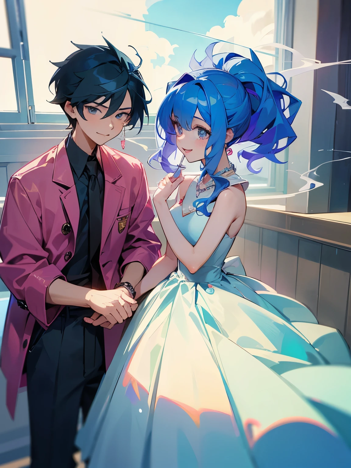 cartoon of a boy and a girl standing close together, ddlc, in the art style of 8 0 s anime, 9 0 s anime style, 90s anime style, in anime style, in an anime style, anime aesthetic, anime vibes, 9 0 s anime aesthetic, 9 0 s anime art style, lofi boy and girl, typical anime classroom, beautiful background window, a cute boy and a cute girl, beautiful faces, a boy and a girl, don't extra hands, NO extra hands, generate a boy and a girl with NO extra hands, NO extra arm, the boy has a short hairstyle and the girl has a long hairstyle, pretty faces, cute pretty boy in a smoking dress, cute pretty girl in a beautiful dress, with amazing smile, boy has a pretty smile, girl has a cute smile