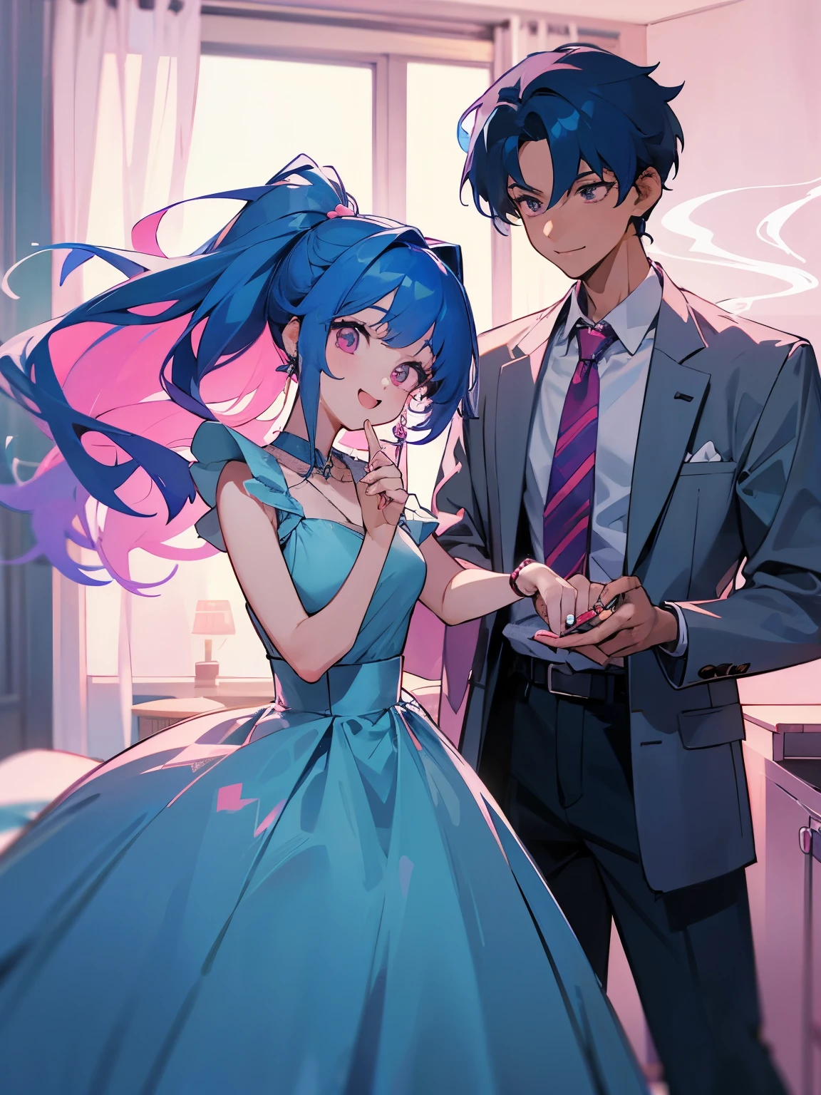 cartoon of a boy and a girl standing close together, ddlc, in the art style of 8 0 s anime, 9 0 s anime style, 90s anime style, in anime style, in an anime style, anime aesthetic, anime vibes, 9 0 s anime aesthetic, 9 0 s anime art style, lofi boy and girl, typical anime classroom, beautiful background window, a cute boy and a cute girl, beautiful faces, a boy and a girl, don't extra hands, NO extra hands, generate a boy and a girl with NO extra hands, NO extra arm, the boy has a short hairstyle and the girl has a long hairstyle, pretty faces, cute pretty boy in a smoking dress, cute pretty girl in a beautiful dress, with amazing smile, boy has a pretty smile, girl has a cute smile 
