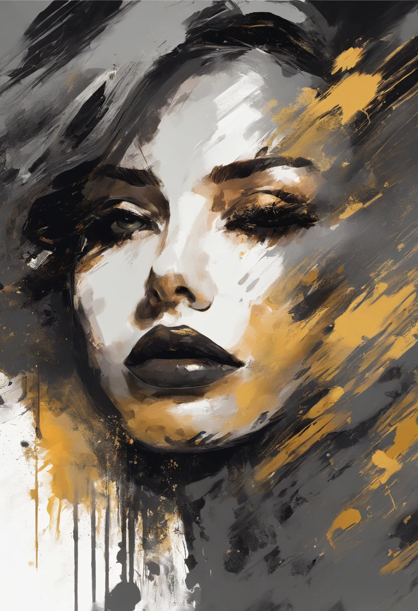 Close up portrait, impasto technique, low angle, detailed eyes, detailed lips, gray gold and black accents, dripping paint, illustration, painting, poster, impressionist, visible brush strokes, splashes, dynamic, sultry lips, seductive expression, painterly aesthetic