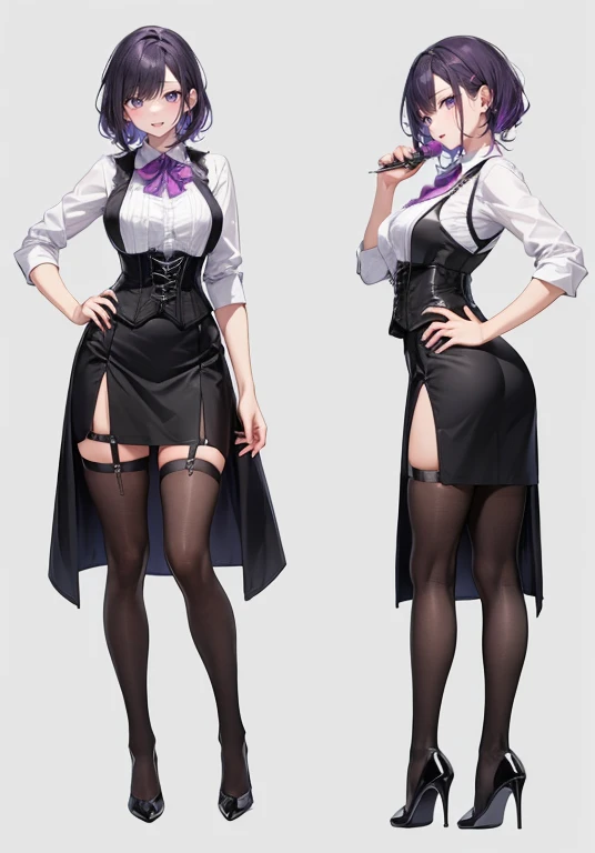 Purple Hair,Shortcuts,Adult female,(bartender),((Body Harness)),(((Rolling up the sleeves of his shirt))),((Black vest)),(corset),(Tight Skirt),(High heels),((Simple Background)),smile,((Full Body)),((full body)),Character Sheet,