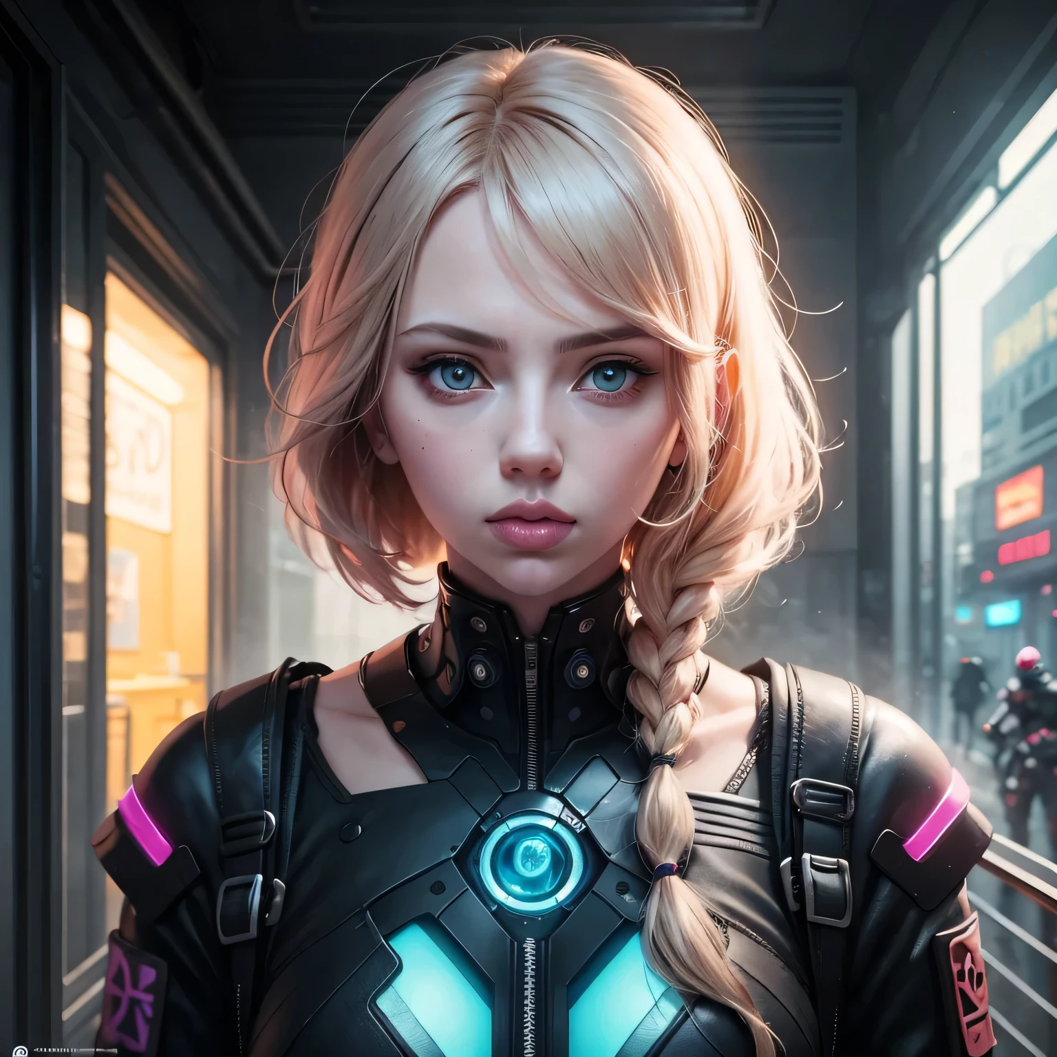  Anime, half robot face, futurist, blond hair, Scarlet Johansson, um capacete futurist segurando um cubo,  Non-style works of Gouweiz, Android Jones, RossDrew 2. 0, cyberpunk anime digital art, Rossdrive 1. 0, Portrait of Ross, Epic portrait illustration, I look at the viewer nicely, Squinted eyes, beautifully outlined 