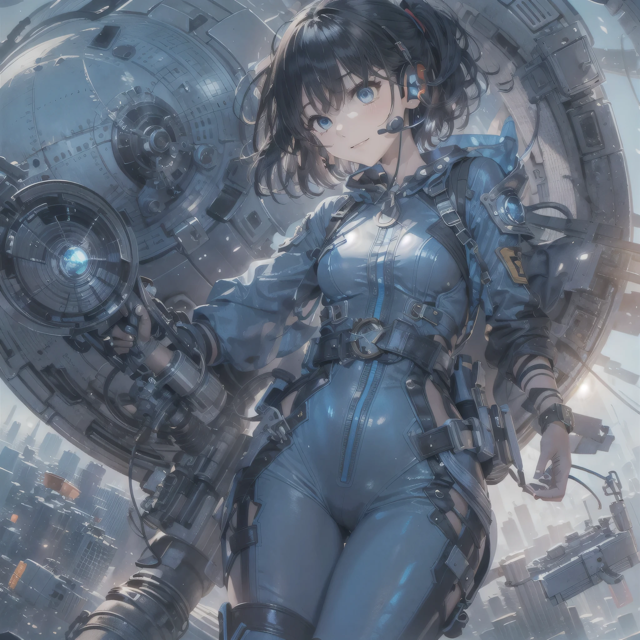 (masterpiece、highest quality、Highest Resolution、Clear_image、Detailed details、Angle from above): (Whole body、One 20 year old girl、Japanese Faces、Small Face、Slender、Navy blue super short bob cut hair、(Hidden small breasts:1.3)、Sparkling blue eyes、Shiny pilot suit in blue and black colors、Chest protection armor、Tight fitting clothes、Clothing that covers the whole body、Glamorous clothes、Tight Fit Pants、Hide your skin、Very delicate and beautiful、Detailed Skin、hide thighs、Hide your ass、Cute、A gentle smile、Soft expression、heroine、headset、Knee-high boots、Elbow-length gloves、Eye Level Shot、Face directly、Woman on a spaceship)
