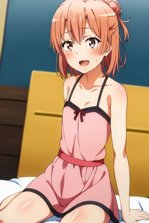 ((highest quality)), ((masterpiece)), (be familiar with), Perfect Face, indoor, Bedroom, Watching the audience,
One woman, Yuigahama Yui,
Open Mouth, Ecstatic expression, blush, smile,
Small breasts, Flat Chest, Young Girl, , , Girl,
Short Hair, Salmon-colored hair, Salmon-colored eyes, Side Pony,
Leg spread,