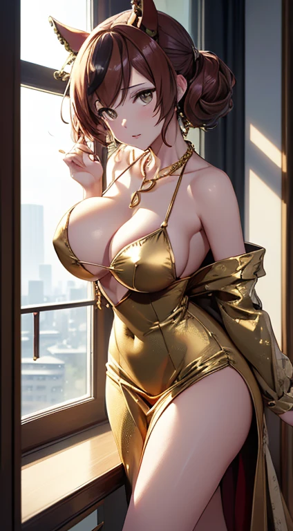 top-quality、Top image quality、nicenature、masterpiece、girl with((20yr old、Best Bust、big bast、Bust 85、Breasts wide open、A slender、Large valleys、Gold Bikini、Gold Dress,Leaning forward、Reflecting the whole body))hiquality、Beautiful Art、Background with((Luxury Hotels、Golden Chain、Window with night view)))masutepiece、visualart、depth of fields、