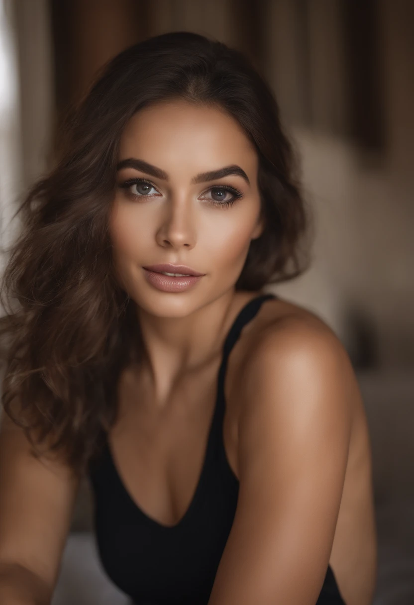 hispanic woman with matching tank top and panties, Fille sexy aux yeux marrons, Portrait de Sophie Mudd, cheveux bruns et grands yeux, Selfie d'une jeune femme, Yeux de chambre, Violette Myers, Sans maquillage, Maquillage naturel, Regarder directement dans la caméra, Visage avec Artgram, maquillage subtil, Superbe photo de tout le corps, clivage, sit at the table
