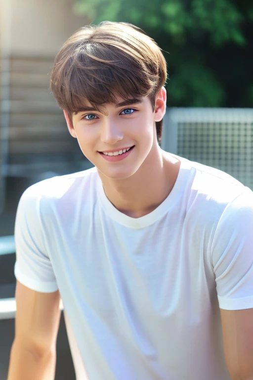 extreme very realistic handsome young men, 1boy, male_focus, blue_eyes, solo, looking_at_viewer, shirt, brown_hair, short_hair, artist_name, upper_body, blurry, smile, sunlight, white_shirt, t-shirt, lips, blurry_background, realistic, shadow