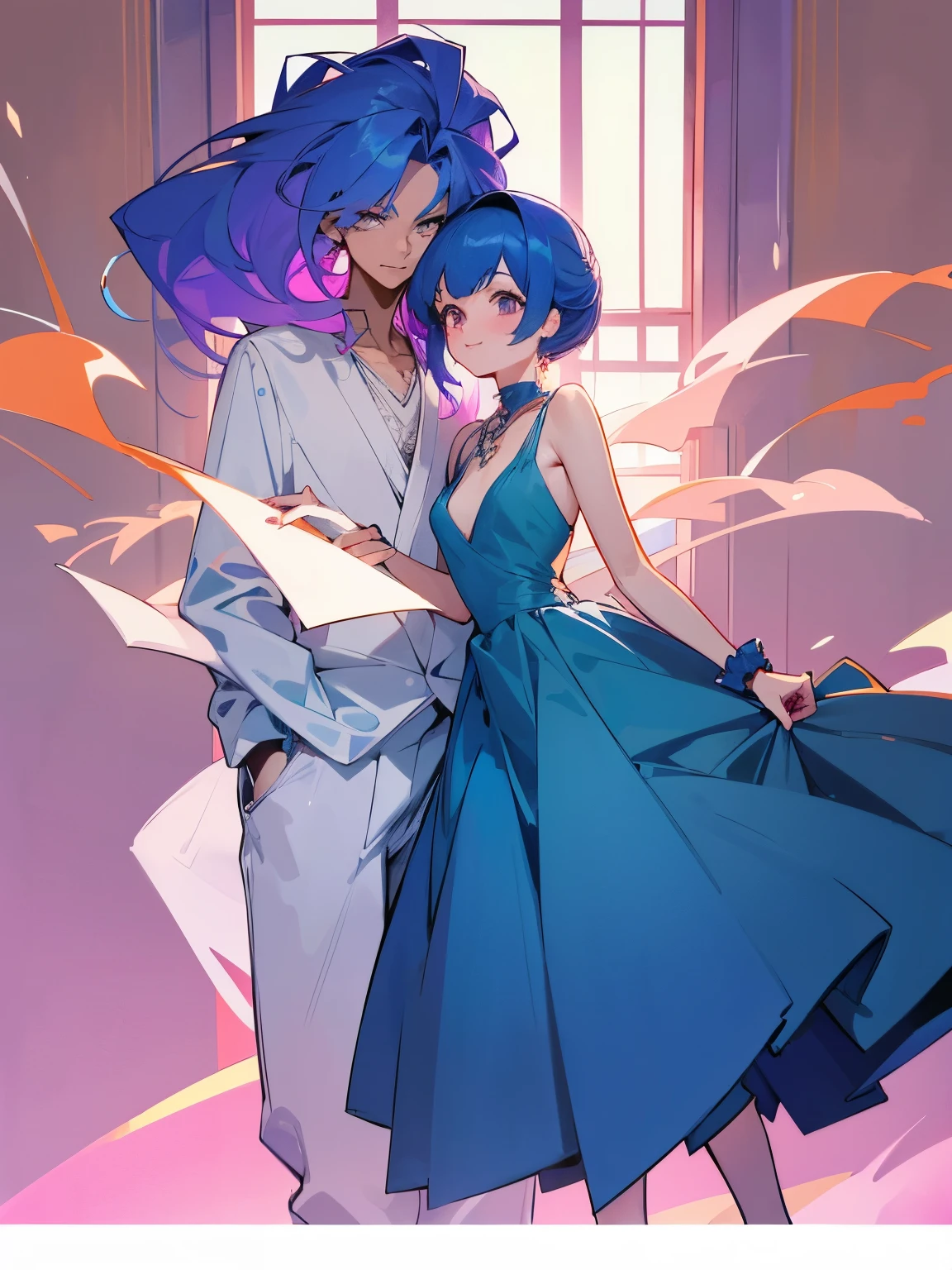 cartoon of a boy and a girl standing close together, ddlc, in the art style of 8 0 s anime, 9 0 s anime style, 90s anime style, in anime style, in an anime style, anime aesthetic, anime vibes, 9 0 s anime aesthetic, 9 0 s anime art style, lofi boy and girl, typical anime classroom, beautiful background window, a cute boy and a cute girl, beautiful faces, a boy and a girl, don't extra hands, NO extra hands, generate a boy and a girl with NO extra hands, NO extra arm, the boy has a short hairstyle and the girl has a long hairstyle, pretty faces, cute pretty boy in a smoking dress, cute pretty girl in a beautiful dress, with amazing smile, boy has a pretty smile, girl has a cute smile