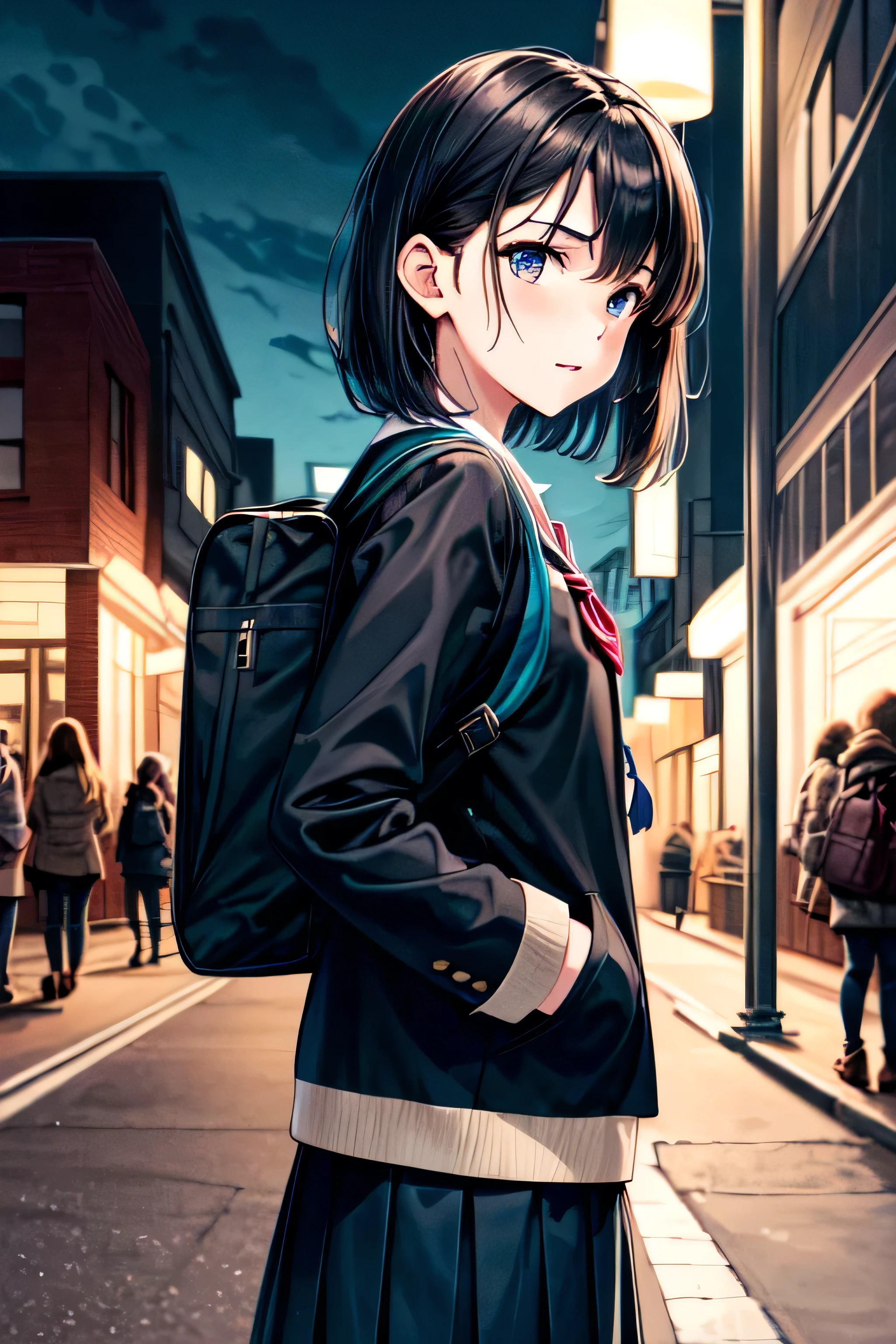 8K, masterpiece, highest quality, Illustration image, One Girl, 全てBlack Hair, semi-long, City night downtown in the background, Being on the ground, spring, high school student, uniform, Warm colors, Black schoolback, school bag, Accurate and highly detailed backgrounds, cute, Detailed face, Fine grain, Beautiful Eyes, Face forward and then glance sideways at the viewer diagonally below, Put your hands in your pockets, Black Hair,
