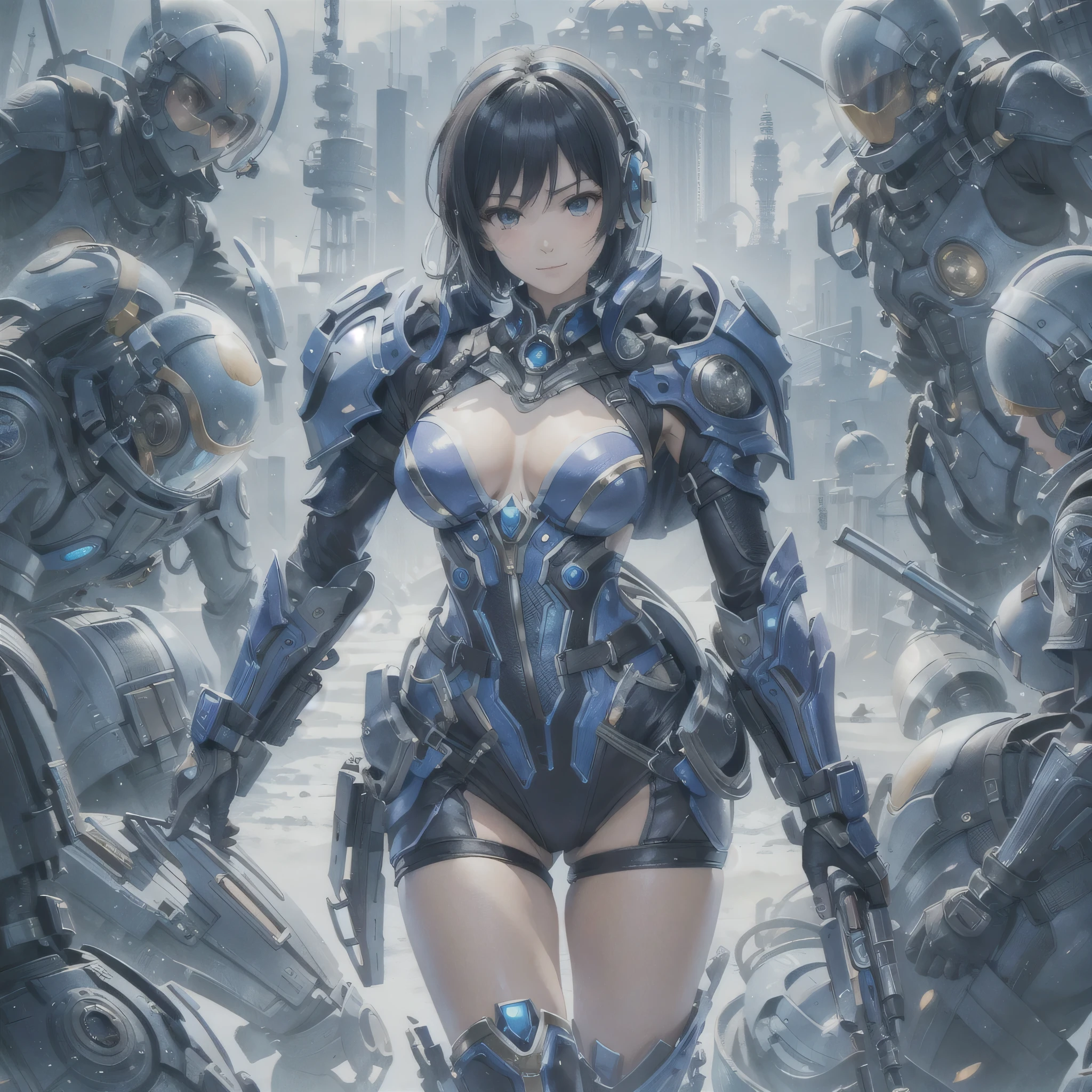 (masterpiece、highest quality、Highest Resolution、Clear_image、Detailed details、Angle from above): (Whole body、One 20 year old girl、Japanese Faces、Small Face、Slender、Navy blue super short bob cut hair、(Hidden small breasts:1.3)、Sparkling blue eyes、Shiny pilot suit in blue and black colors、Chest protection armor、Tight fitting clothes、Clothing that covers the whole body、Glamorous clothes、Tight Fit Pants、Hide your skin、Very delicate and beautiful、Detailed Skin、hide thighs、Hide your ass、Cute、A gentle smile、Soft expression、heroine、headset、Knee-high boots、Elbow-length gloves、Eye Level Shot、Face directly、Woman on a spaceship)
