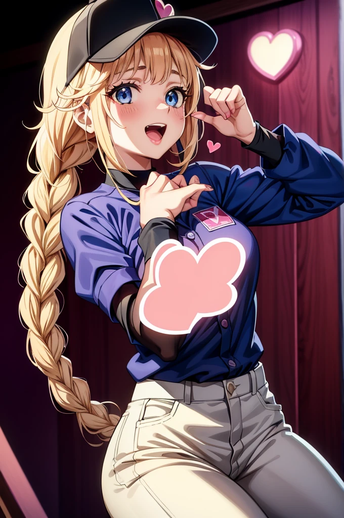 a woman in a baseball uniform making a heart of a pinky, 1girl, blonde hair, heart hands, long hair, hat, solo, blue eyes, gloves, braid, smile, looking at viewer, heart, open mouth, twin braids, black gloves, blush, bangs, baseball cap,((perfect hand))