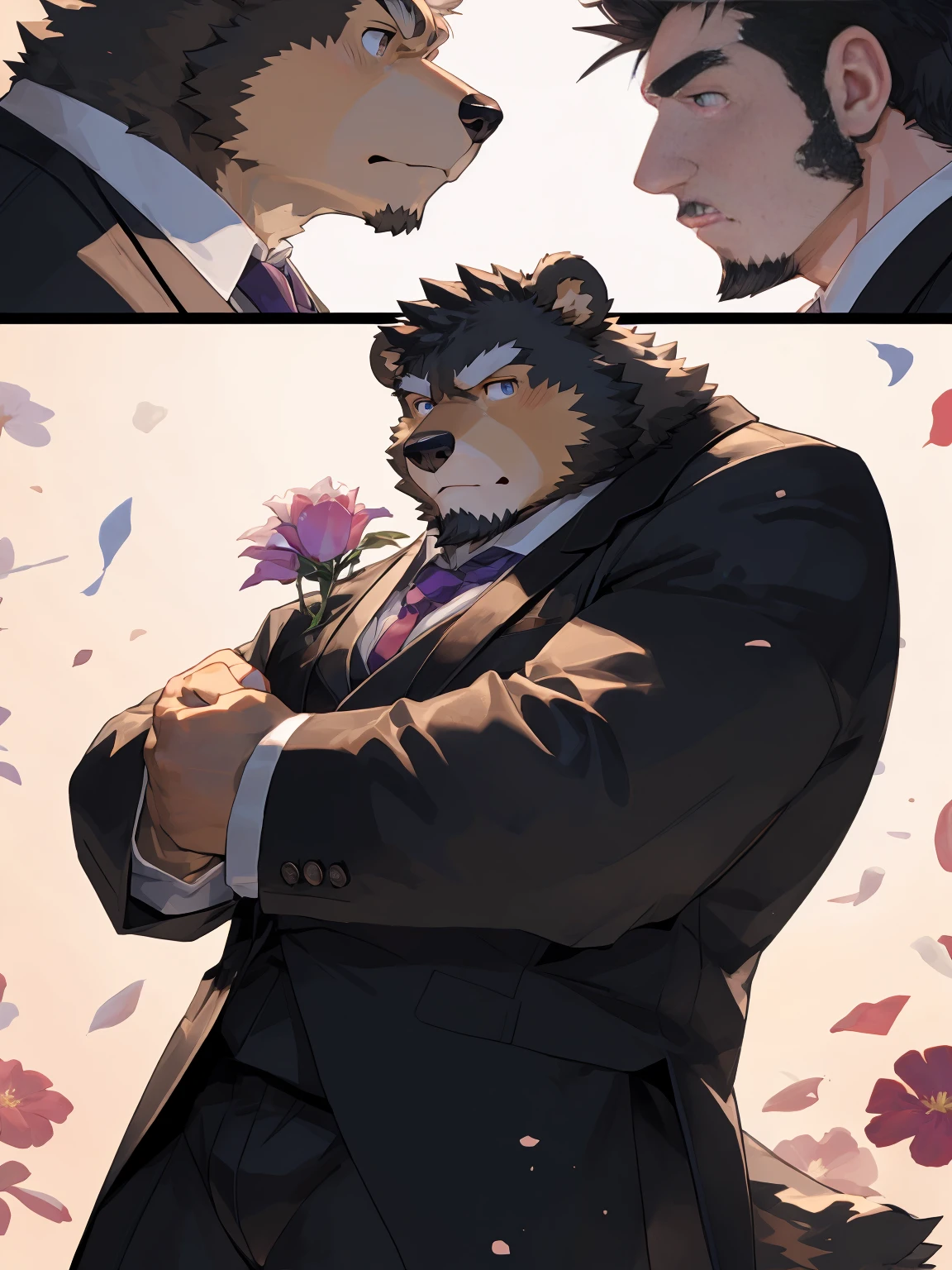 (Super detailed), Sharp focus, Eye, 棕色Eye, hairy, ),(Black and white fur), black beard, Black Hair,human nature (Brown Bear:1.3), male, Middle-aged and elderly, Brown body, White belly, Muscular ,(Crotch bulge),Super detailed的脸,(Pure white dress:1.4),(best quality), (masterpiece), High Detail, high quality,High resolution, , 16K,The background is the wedding hall,close up,(Bright room:1.3),(Naked:1.3),Holding flowers,(Brown Bear:1.3),(Brown fur:1.3),Angry Notes