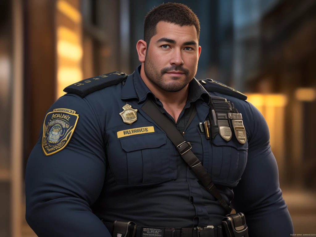 An award-winning original photo, 1 man, solo, (41 year old), George Pei, Chris Redfield, ((daddy)), muscular male, round face, soft smirk, tall and hunk, best quality, masterpiece, high resolution:1.2, Dynamic Angle, volumetric lighting, (Best quality, A high resolution, Photorealistic), Cinematic lighting, Masterpiece, RAW photo, Intricate details, hdr, depth of field，brush cut，short detailed hair，double eyelid，slightly fat big breasts, (Best quality, A high resolution, Photorealistic), Cinematic lighting, Masterpiece, RAW photo, Intricate details, hdr, best quality, masterpiece, super high resolution, detailed background, realism, illustrations, single, 1 boy, street, muscle, volumetric lighting, depth of field, facial hair, full body, police uniform