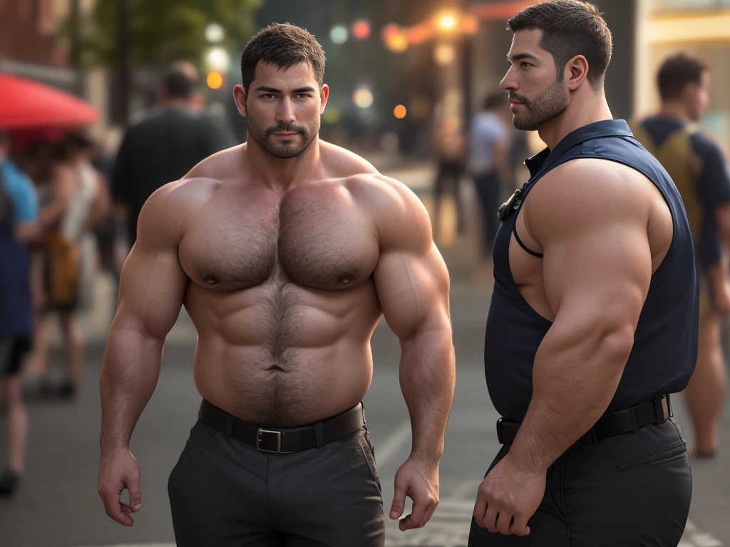 An award-winning original photo, 1 man, solo, (41 year old), George Pei, Chris Redfield, ((daddy)), muscular male, round face, soft smirk, tall and hunk, best quality, masterpiece, high resolution:1.2, Dynamic Angle, volumetric lighting, (Best quality, A high resolution, Photorealistic), Cinematic lighting, Masterpiece, RAW photo, Intricate details, hdr, depth of field，brush cut，short detailed hair，double eyelid，slightly fat big breasts, (Best quality, A high resolution, Photorealistic), Cinematic lighting, Masterpiece, RAW photo, Intricate details, hdr, best quality, masterpiece, super high resolution, detailed background, realism, illustrations, single, 1 boy, street, muscle, volumetric lighting, depth of field, facial hair, full body, police uniform