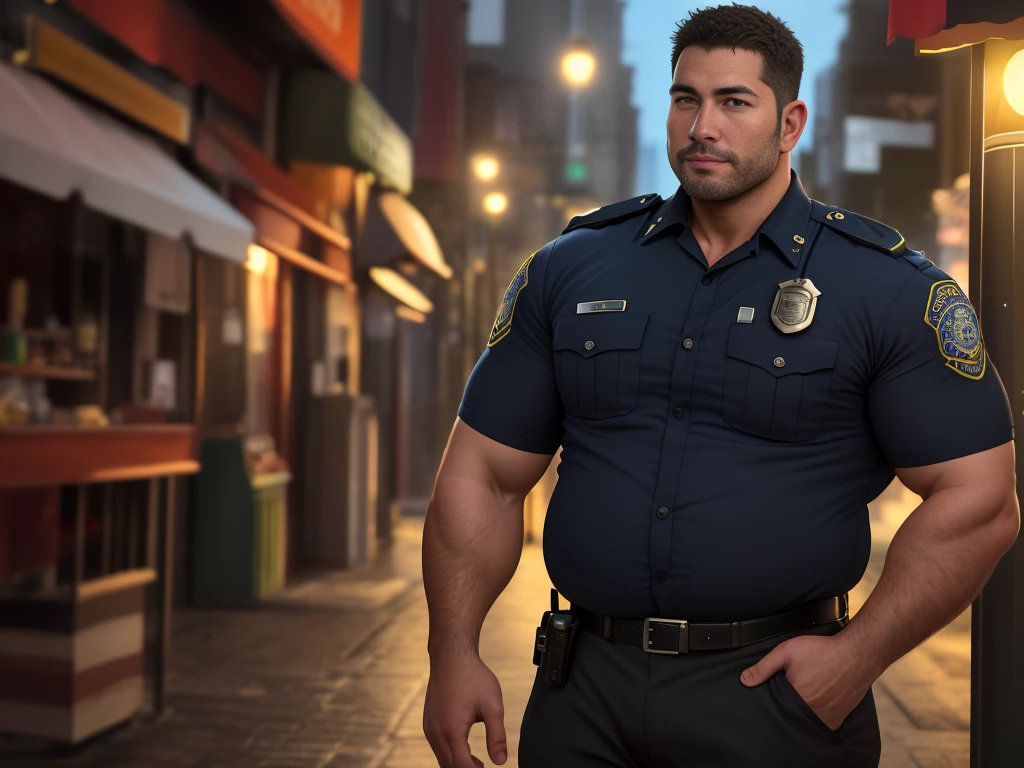 An award-winning original photo, 1 man, solo, (41 year old), George Pei, Chris Redfield, ((daddy)), muscular male, round face, soft smirk, tall and hunk, best quality, masterpiece, high resolution:1.2, Dynamic Angle, volumetric lighting, (Best quality, A high resolution, Photorealistic), Cinematic lighting, Masterpiece, RAW photo, Intricate details, hdr, depth of field,brush cut,short detailed hair,double eyelid,slightly fat big breasts, (Best quality, A high resolution, Photorealistic), Cinematic lighting, Masterpiece, RAW photo, Intricate details, hdr, best quality, masterpiece, super high resolution, detailed background, realism, illustrations, single, 1 boy, street, muscle, volumetric lighting, depth of field, facial hair, full body, police uniform