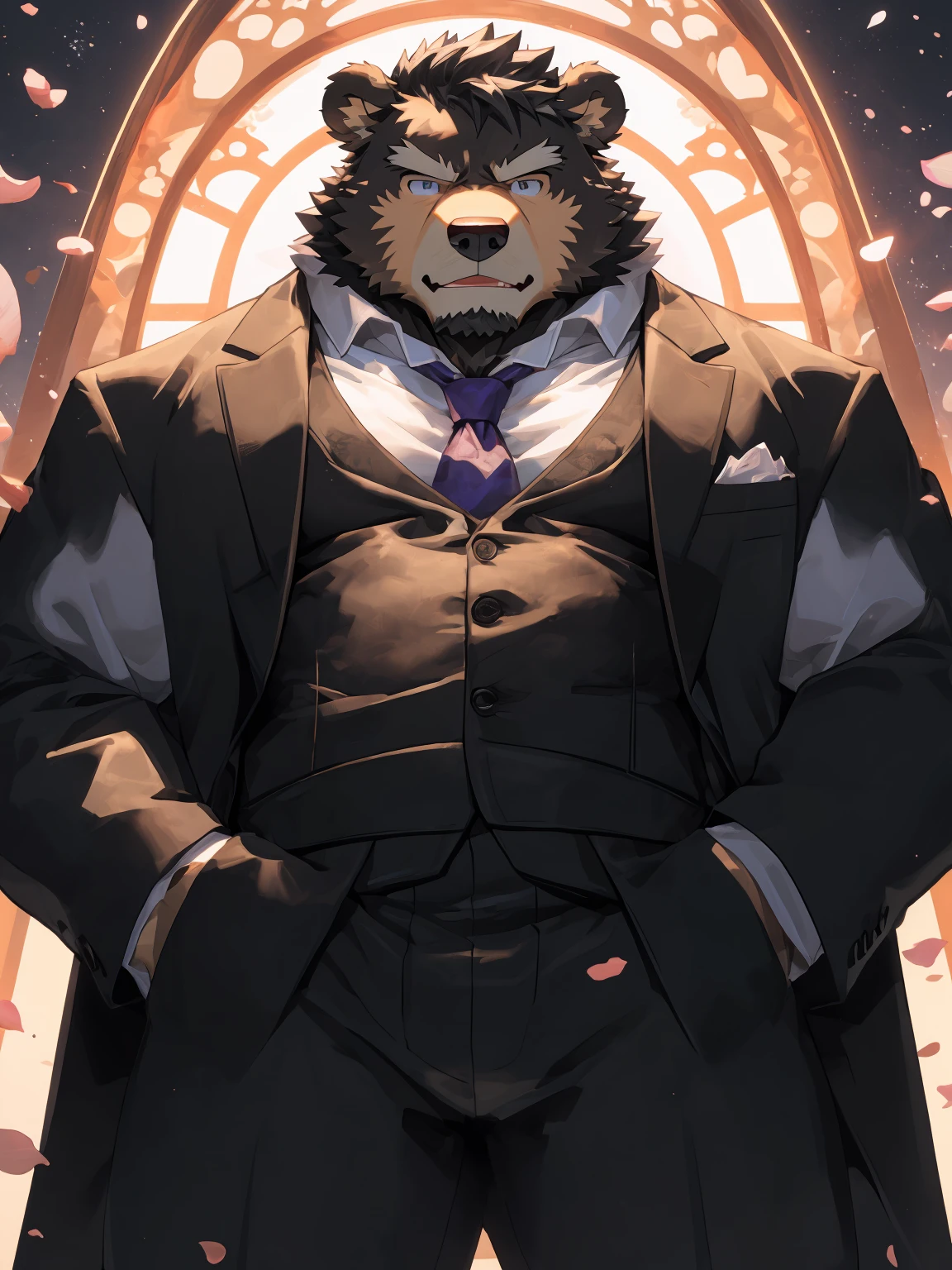 (Super detailed), Sharp focus, Eye, 棕色Eye, hairy, ),(Black and white fur), black beard, Black Hair，human nature (Brown Bear:1.3), male, Middle-aged and elderly, Brown body, White belly, Muscular ,(Crotch bulge),Super detailed的脸,（White Dress:1.4),(best quality), (masterpiece), High Detail, high quality,High resolution, , 16K,The background is the wedding hall,close up,(Bright room:1.3),(Naked:1.3),Holding flowers,(Brown Bear:1.3),(Brown fur:1.3),Angry Notes,Marriage robbery