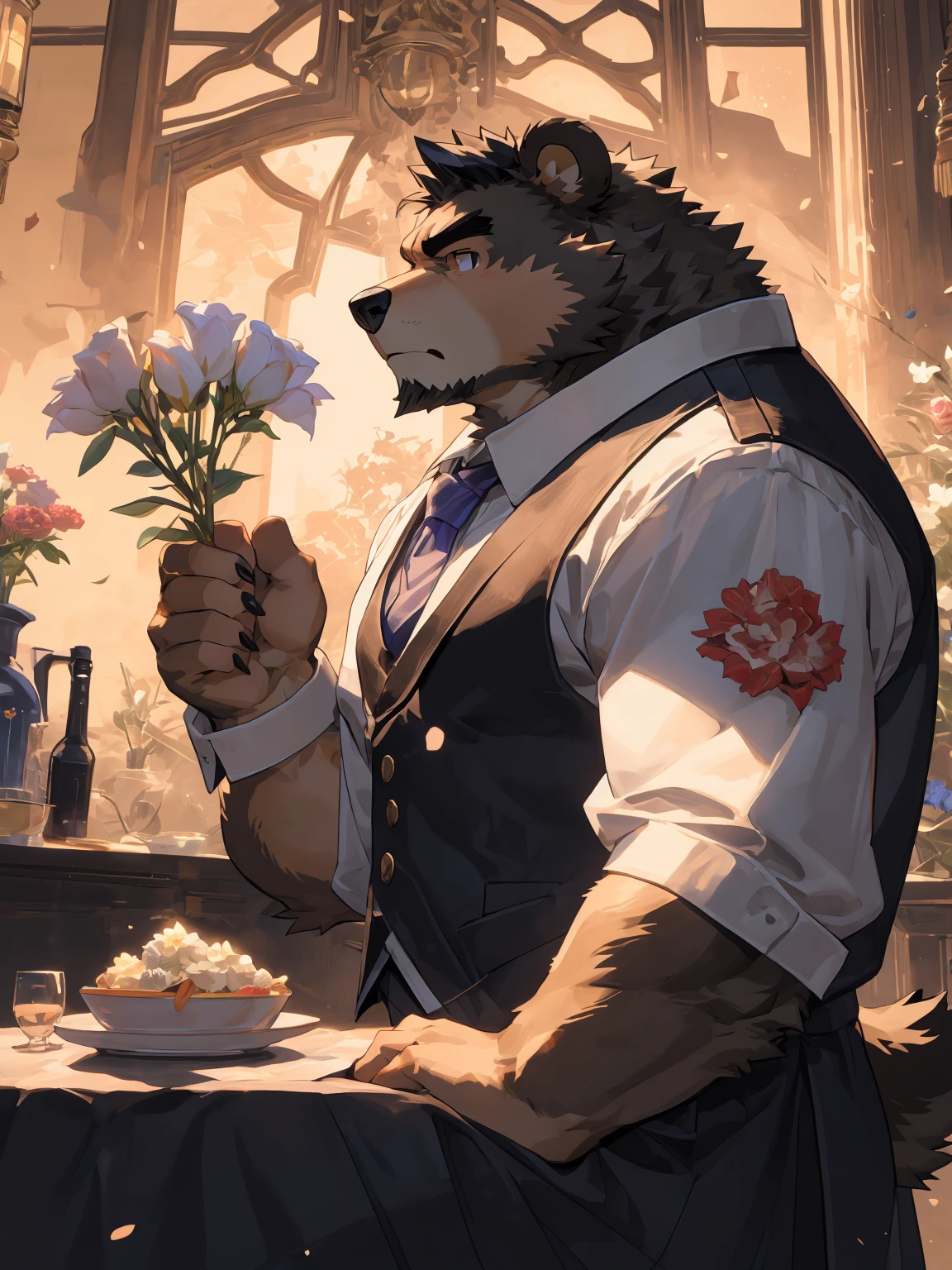 (Super detailed), Sharp focus, Eye, 棕色Eye, hairy, ),(Black and white fur), black beard, Black Hair，human nature (Brown Bear:1.3), male, Middle-aged and elderly, Brown body, White belly, Muscular ,(Crotch bulge),Super detailed的脸,（White Dress:1.4),(best quality), (masterpiece), High Detail, high quality,High resolution, , 16K,The background is the wedding hall,close up,(Bright room:1.3),(Naked:1.3),Holding flowers,(Brown Bear:1.3),(Brown fur:1.3),Angry Notes,Marriage robbery