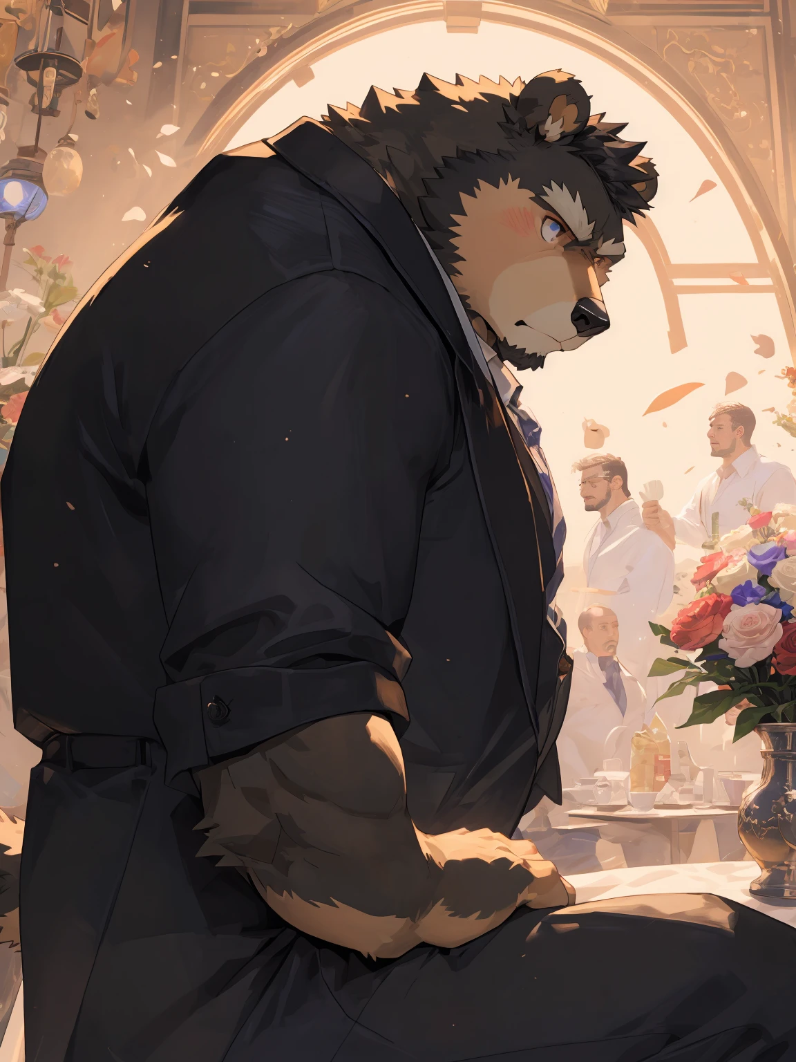 (Super detailed), Sharp focus, Eye, 棕色Eye, hairy, ),(Black and white fur), black beard, Black Hair,human nature (Brown Bear:1.3), male, Middle-aged and elderly, Brown body, White belly, Muscular ,(Crotch bulge),Super detailed的脸,(White Dress:1.4),(best quality), (masterpiece), High Detail, high quality,High resolution, , 16K,The background is the wedding hall,close up,(Bright room:1.3),(Naked:1.3),Holding flowers,(Brown Bear:1.3),(Brown fur:1.3),Angry Notes,Marriage robbery