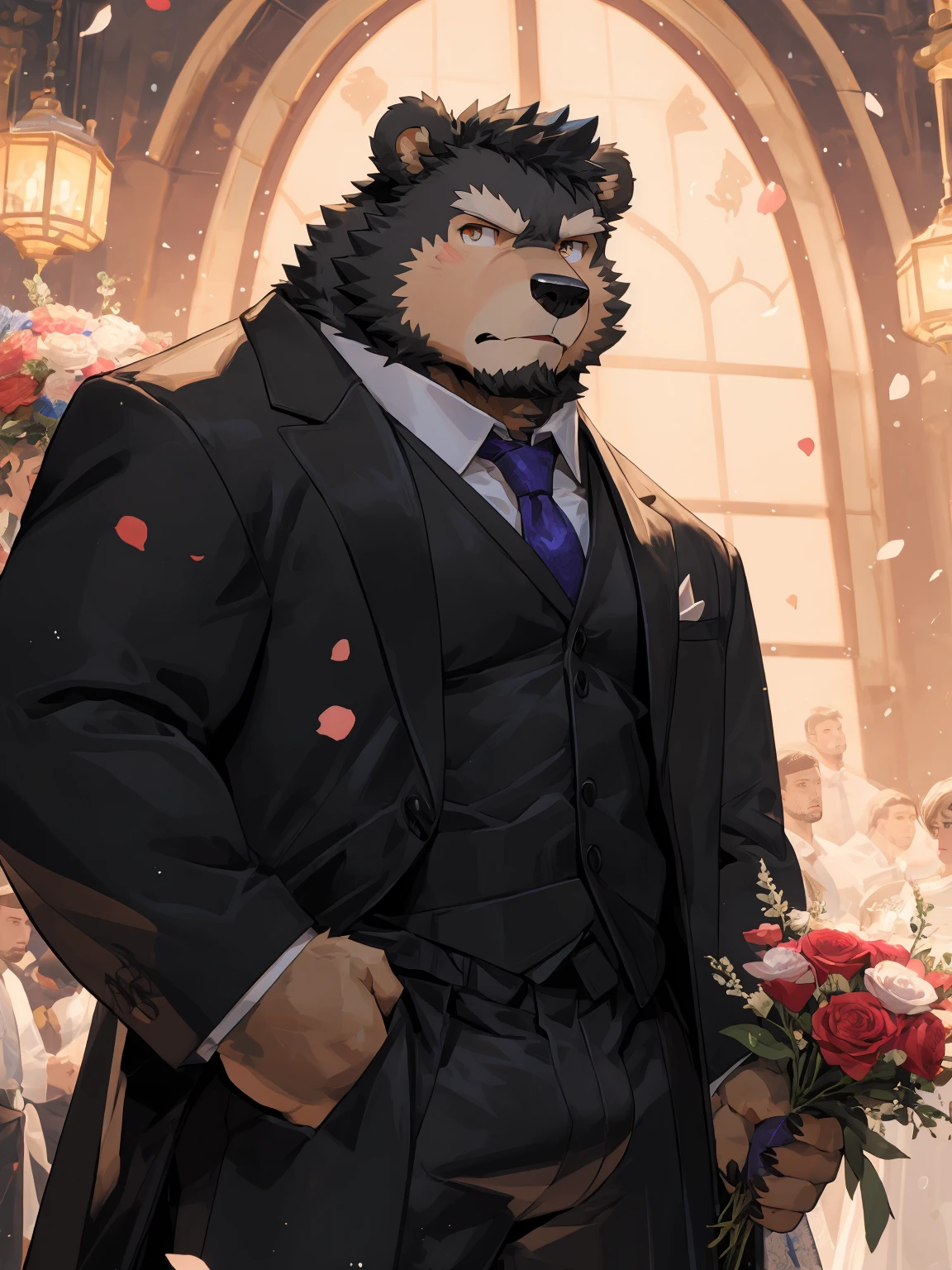 (Super detailed), Sharp focus, Eye, 棕色Eye, hairy, ),(Black and white fur), black beard, Black Hair,human nature (Brown Bear:1.3), male, Middle-aged and elderly, Brown body, White belly, Muscular ,(Crotch bulge),Super detailed的脸,(White Dress:1.4),(best quality), (masterpiece), High Detail, high quality,High resolution, , 16K,The background is the wedding hall,close up,(Bright room:1.3),(Naked:1.3),Holding flowers,(Brown Bear:1.3),(Brown fur:1.3),Angry Notes,Marriage robbery