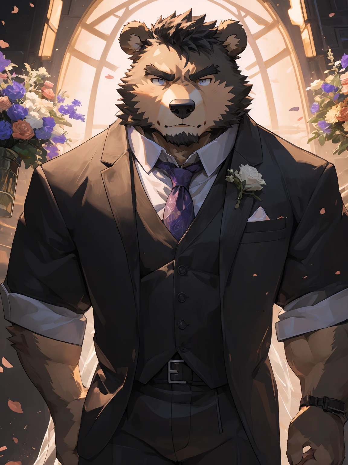 (Super detailed), Sharp focus, Eye, 棕色Eye, hairy, ),(Black and white fur), black beard, Black Hair,human nature (Brown Bear:1.3), male, Middle-aged and elderly, Brown body, White belly, Muscular ,(Crotch bulge),Super detailed的脸,(White Dress:1.4),(best quality), (masterpiece), High Detail, high quality,High resolution, , 16K,The background is the wedding hall,close up,(Bright room:1.3),(Naked:1.3),Holding flowers,(Brown Bear:1.3),(Brown fur:1.3),Angry Notes,Marriage robbery