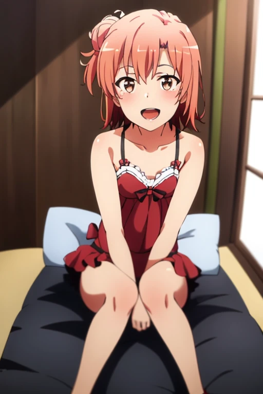 ((highest quality)), ((masterpiece)), (be familiar with), Perfect Face, indoor, Bedroom, Watching the audience,
One woman, Yuigahama Yui,
Open Mouth, Ecstatic expression, blush, smile,
Small breasts, Flat Chest, Young Girl, , , Girl,
Short Hair, Salmon-colored hair, Salmon-colored eyes, Side Pony,
Leg spread,