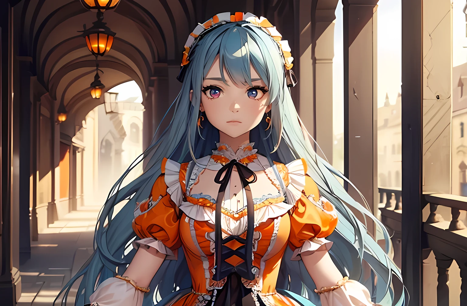 Fullbody, background highly detailed old city, 1 woman, best quality，tmasterpiece，ultimate resolution，Soft，extremely colorful，Colored，Mermaid princess，(Orange Lolita Dress:1.4)，wearing Black suspender stocking, More detailed 8K.unreal engine:1.4 ,UHD,Best quality:1.4, photorealistic:1.4, skin texture:1.4, masterpiece:1.8,premium work, best quality,object Object], (detailed face features:1.3)(long blue  hair:1.4),（Beautiful and detailed eye description）,(hands:1.4), medium breasts, 