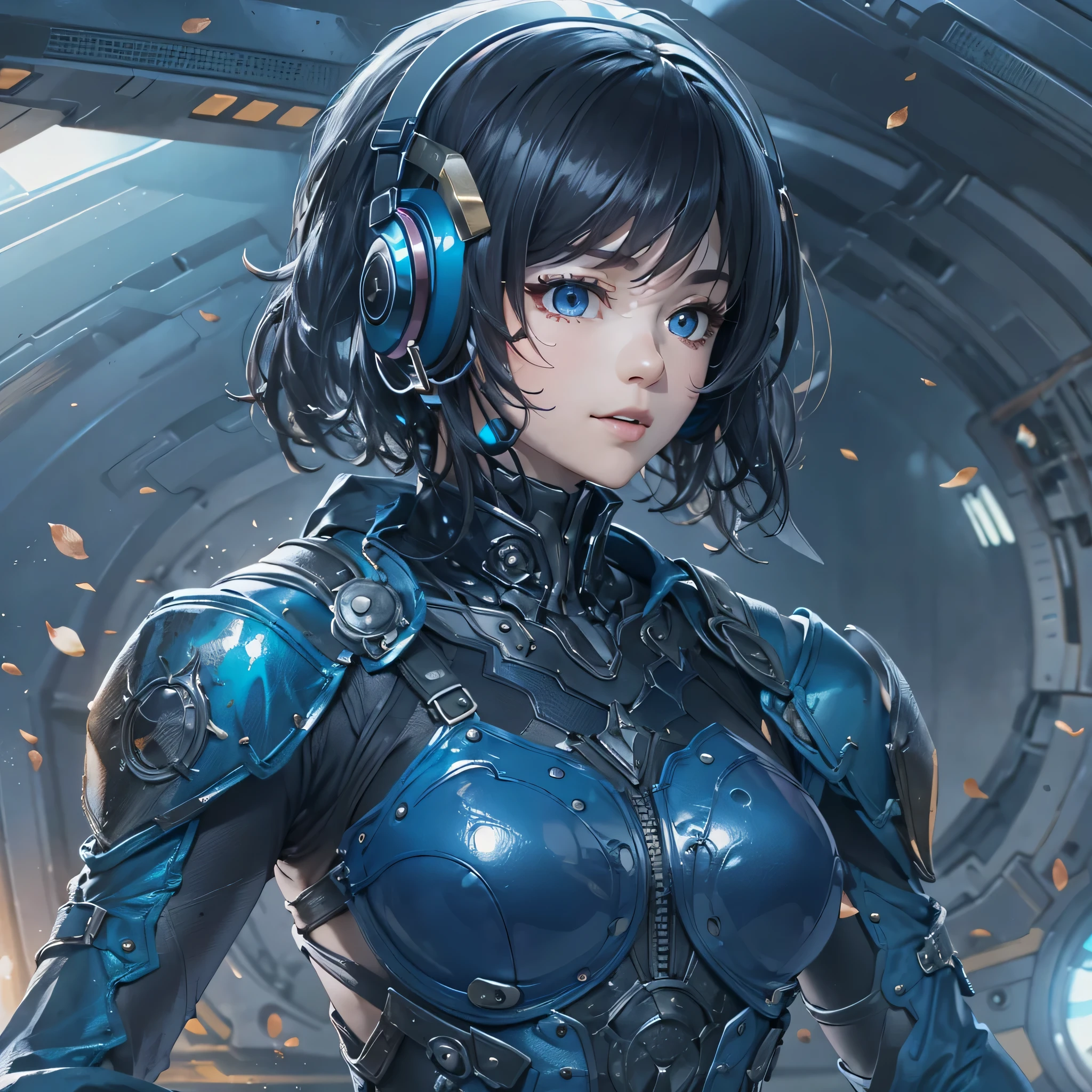 (masterpiece、highest quality、Highest Resolution、Clear_image、Detailed details、Angle from above): (Whole body、One 20 year old girl、Japanese Faces、Small Face、Slender、Navy blue super short bob cut hair、(Hidden small breasts:1.3)、Sparkling blue eyes、Shiny pilot suit in blue and black colors、Chest protection armor、Tight fitting clothes、Clothing that covers the whole body、Glamorous clothes、Tight Fit Pants、Hide your skin、Very delicate and beautiful、Detailed Skin、hide thighs、Hide your ass、Cute、A gentle smile、Soft expression、heroine、headset、Knee-high boots、Elbow-length gloves、Eye Level Shot、Face directly、Woman on a spaceship)