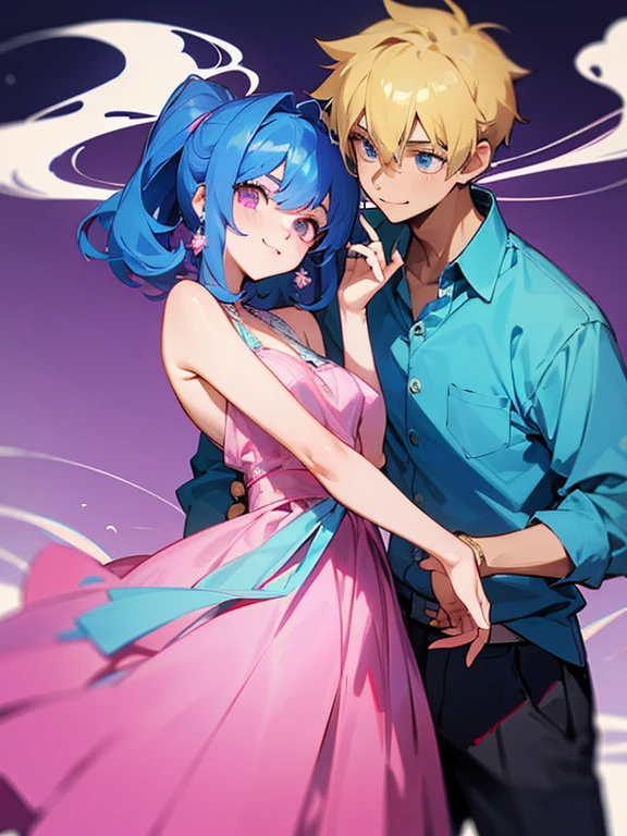cartoon of a boy and a girl standing close together, ddlc, in the art style of 8 0 s anime, 9 0 s anime style, 90s anime style, in anime style, in an anime style, anime aesthetic, anime vibes, 9 0 s anime aesthetic, 9 0 s anime art style, lofi boy and girl, big beautiful background window, a cute boy and a cute girl, beautiful faces, a boy and a girl, don't extra hands, NO extra hands, generate a boy and a girl with NO extra hands, NO extra arm, the boy has a short blue hairstyle and the girl has a long pink hairstyle, pretty faces, cute pretty boy in a smoking dress, cute pretty girl in a beautiful dress, with amazing smile, boy has a pretty smile, girl has a cute smile