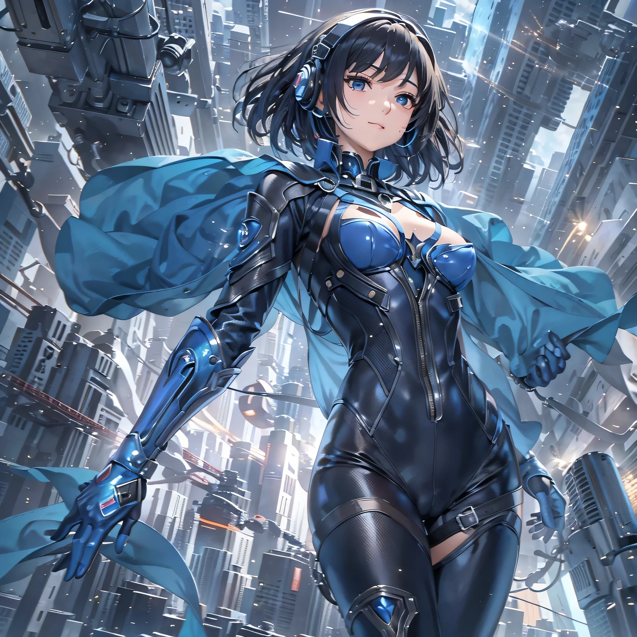 (masterpiece、highest quality、Highest Resolution、Clear_image、Detailed details、Angle from above): (Whole body、One 20 year old girl、Japanese Faces、Small Face、Slender、Navy blue super short bob cut hair、(Hidden small breasts:1.3)、Sparkling blue eyes、Shiny pilot suit in blue and black colors、Chest protection armor、Tight fitting clothes、Clothing that covers the whole body、Glamorous clothes、Tight Fit Pants、Hide your skin、Very delicate and beautiful、Detailed Skin、hide thighs、Hide your ass、Cute、A gentle smile、Soft expression、heroine、headset、Knee-high boots、Elbow-length gloves、Eye Level Shot、Face directly、Woman on a spaceship)